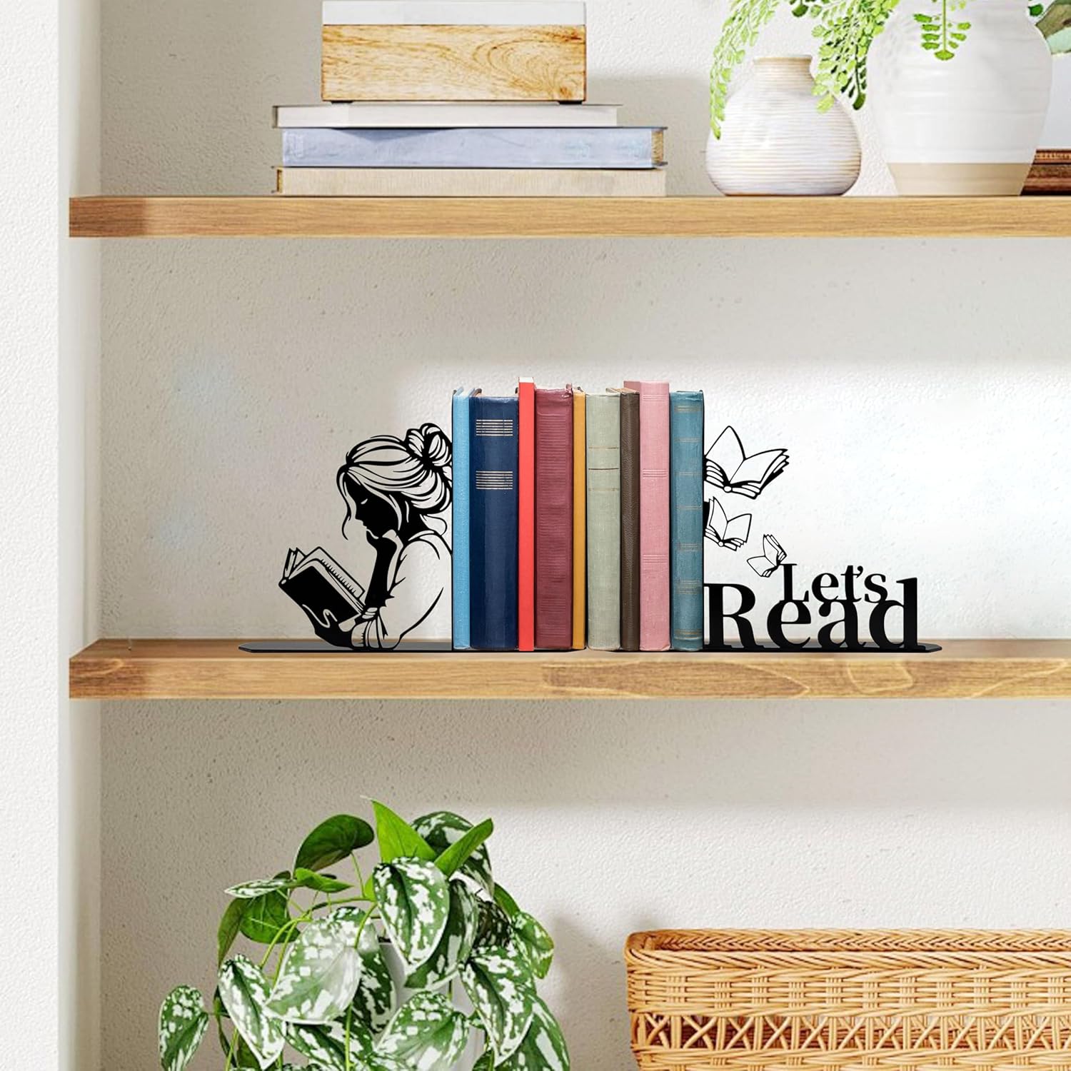 Metal Girl Reading Book Bookends / Black