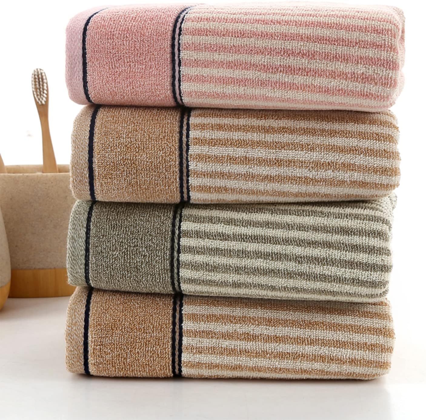Hand Towels Set of 4 100% Cotton Striped Pattern Absorbent Soft Decorative Towel for Bathroom (Brown)