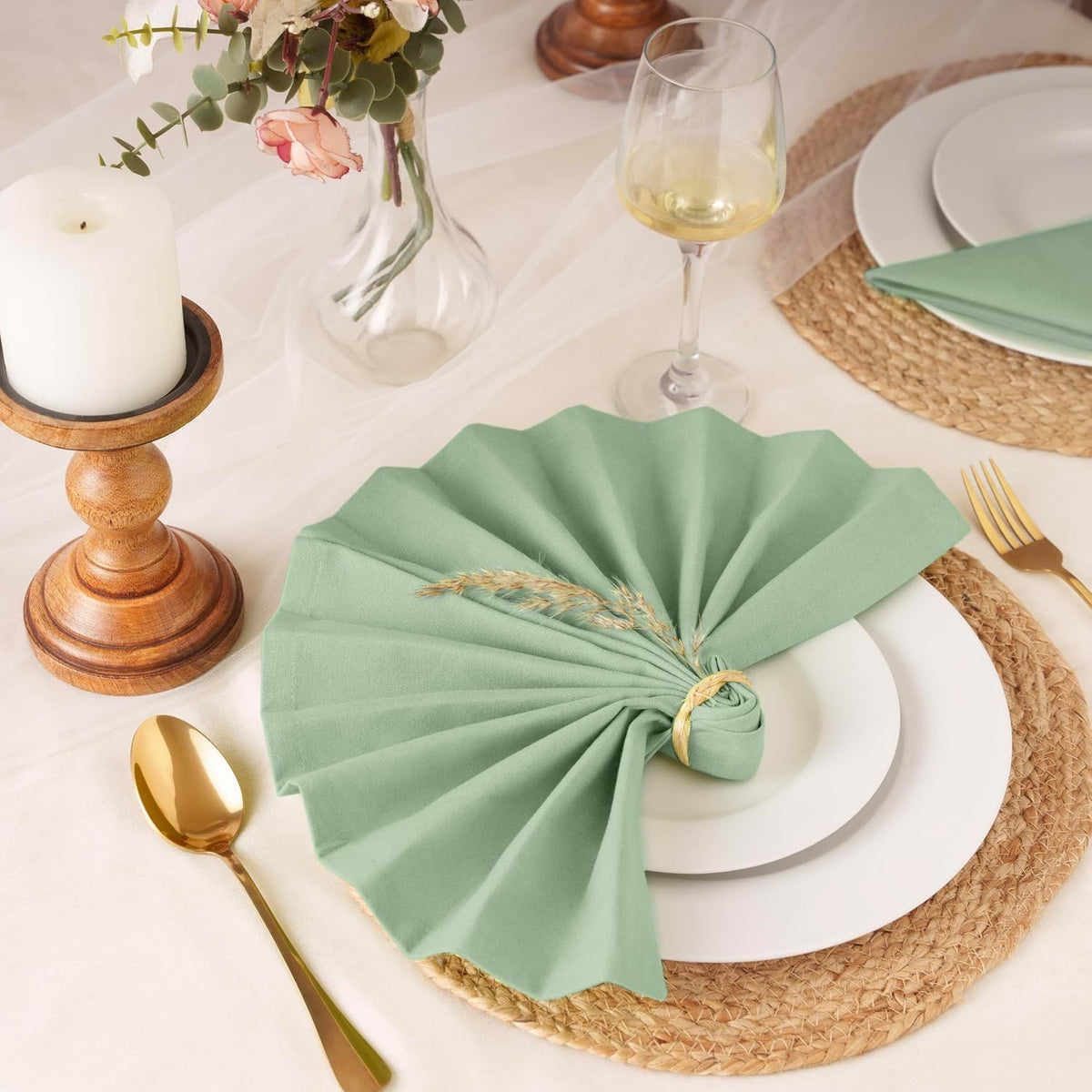 Blue Needles Solid Cloth Napkins Set of 12 Sage Green 100% Cotton Dinner Napkins 18x18 inches - Soft, Reusable