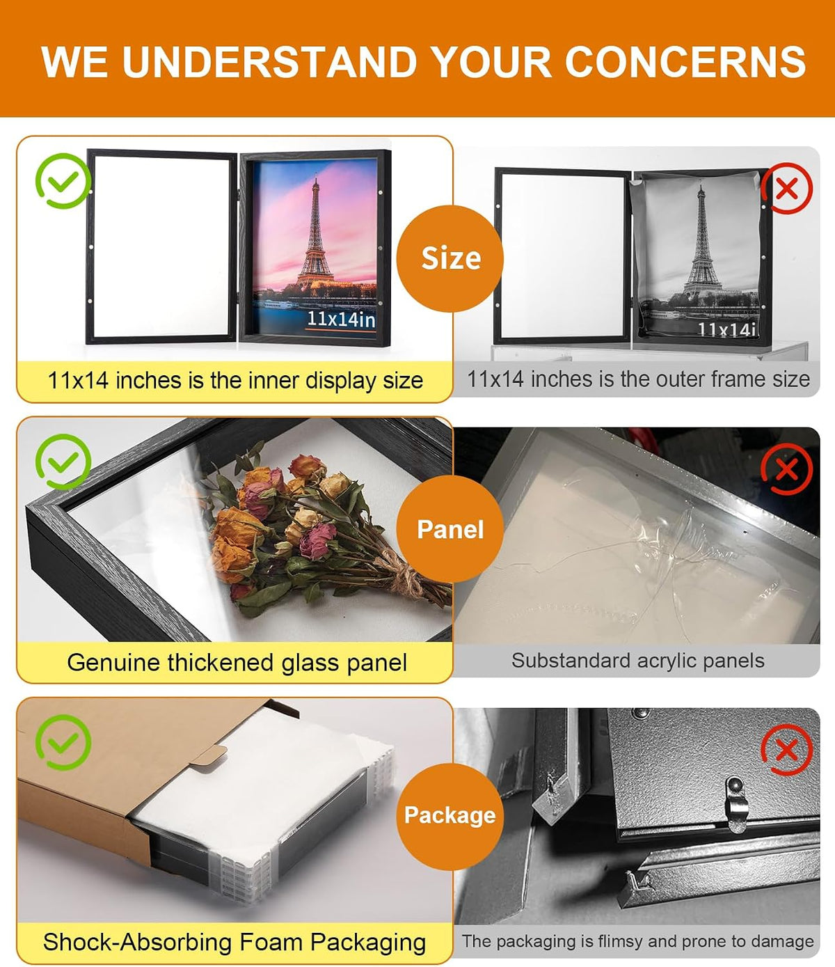 11x14 Black Deep Shadow Box Picture Frame with HD Clear Glass | Shadow Box Display Case with Stand,Push Pins,and Linen