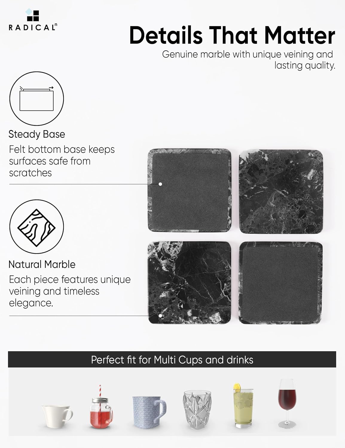 Holder / Marble Coasters Handmade 3.5" Square Coasters for Drinks / Black / Set of 6