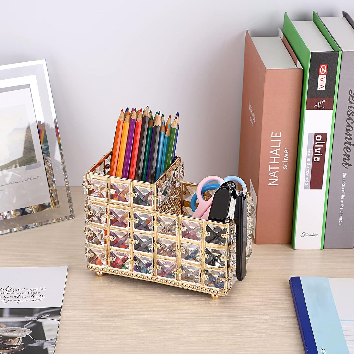 Crystal Remote Control Holder 2 Slots Desktop Organizer Multi-Function Desk Stationery / Gold