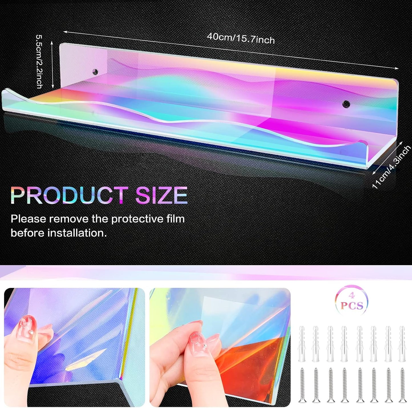 DILIBRA 4 Packs Iridescent Acrylic Floating Shelves, 15.7Inch Display Shelf | Acrylic Invisible Shelf Wall Mounted Set