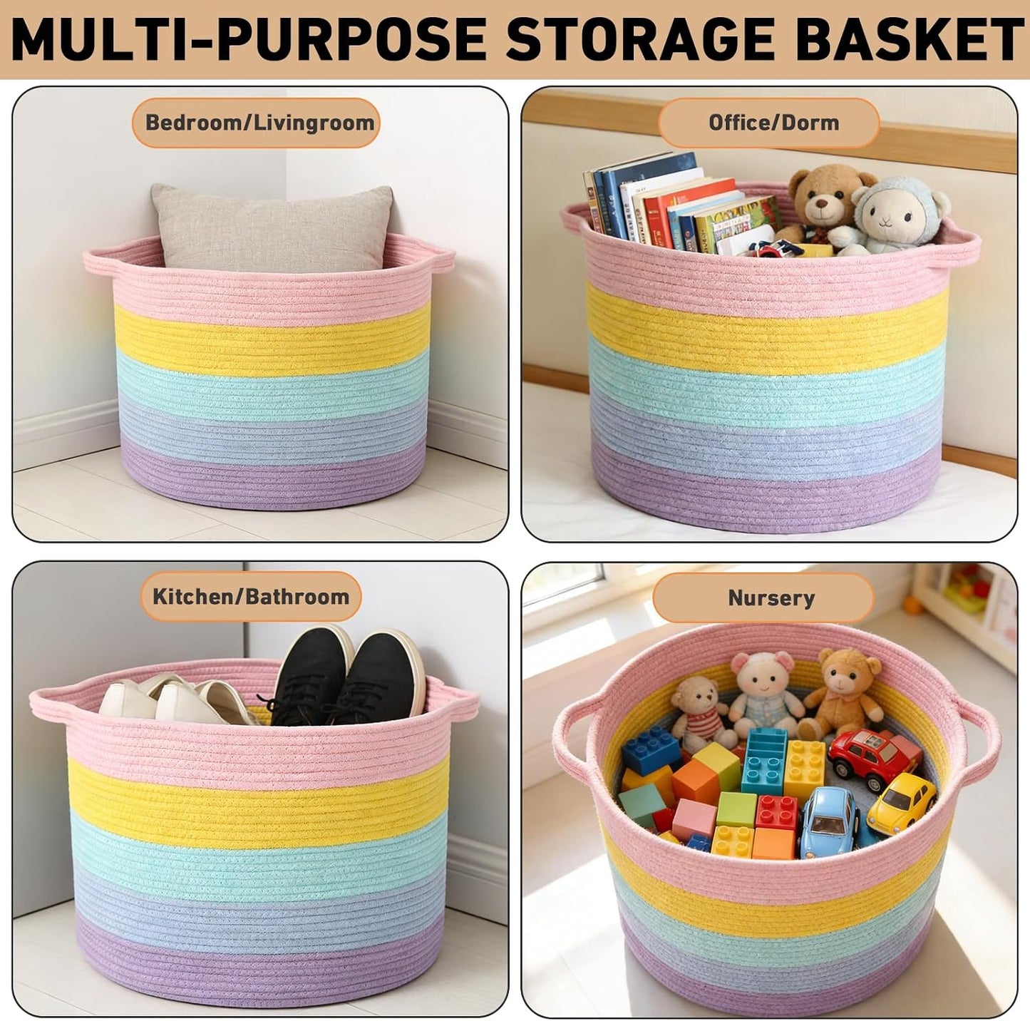 Woven Rope Laundry Basket Hamper / Colorful / 19.7"L x 19.7"W x 13"H