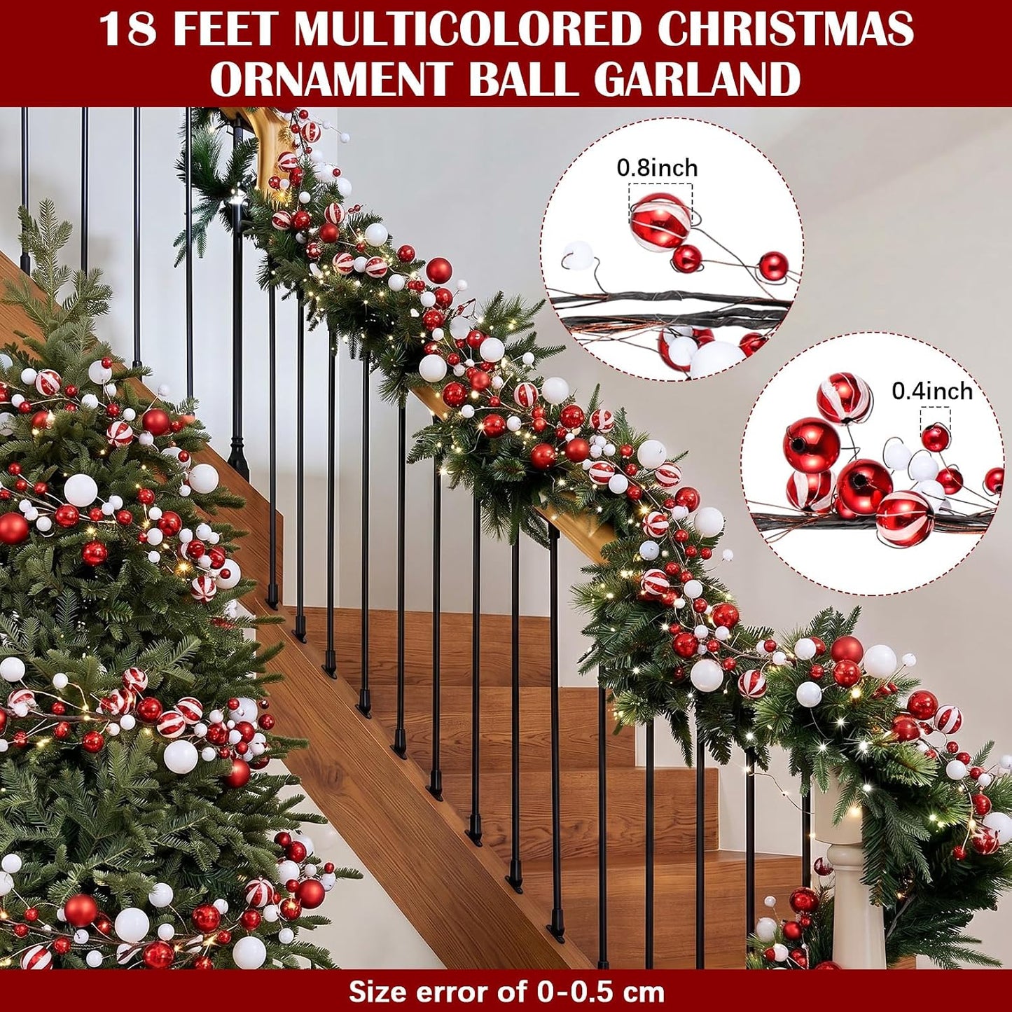 WILLBOND 18 ft Red and White Christmas Ball Garland Ball Ornaments Hanging Baubles Ornament for Xmas Christmas Tree