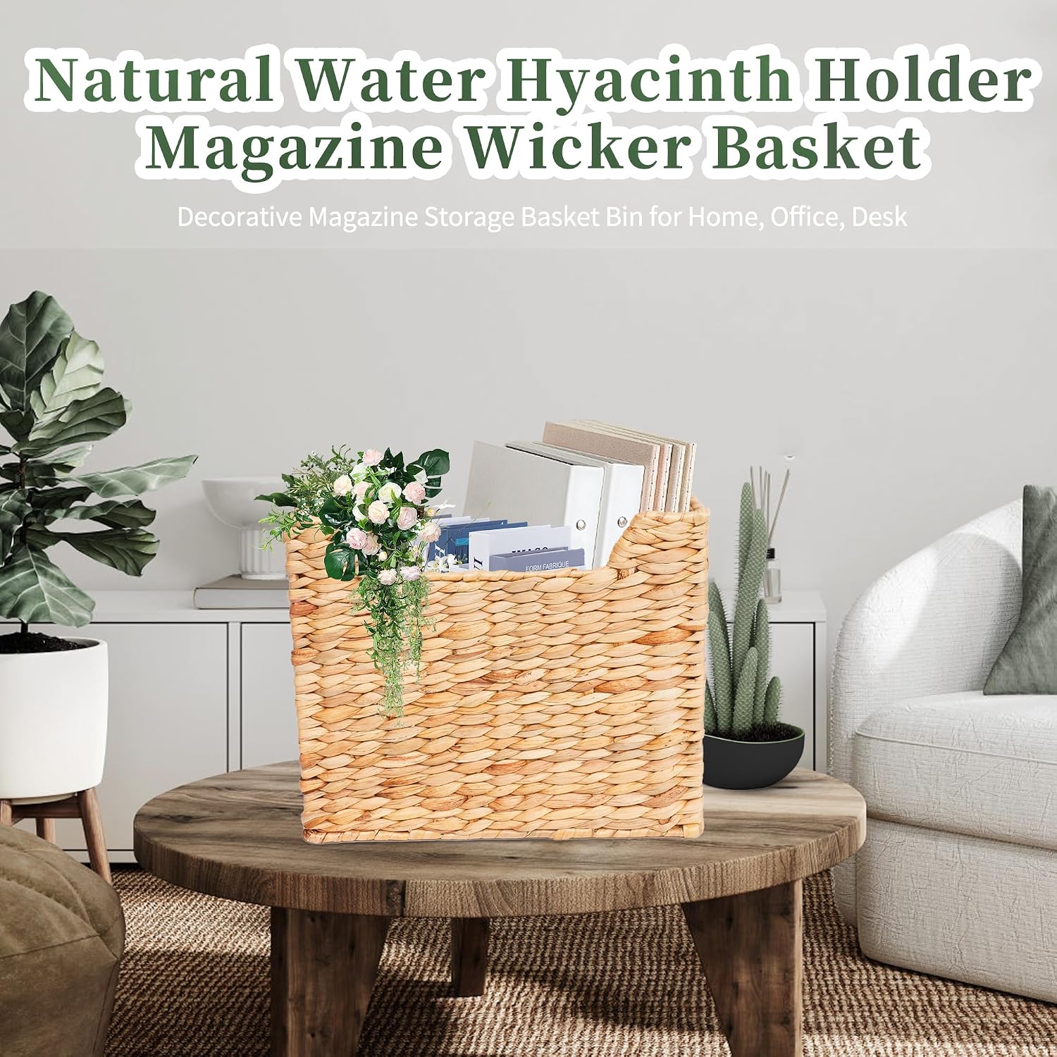 Magazines Holders, Handwoven Magazine Basket for Bathroom, Water Hyacinth Wicker Magazine Rack for Books, Files