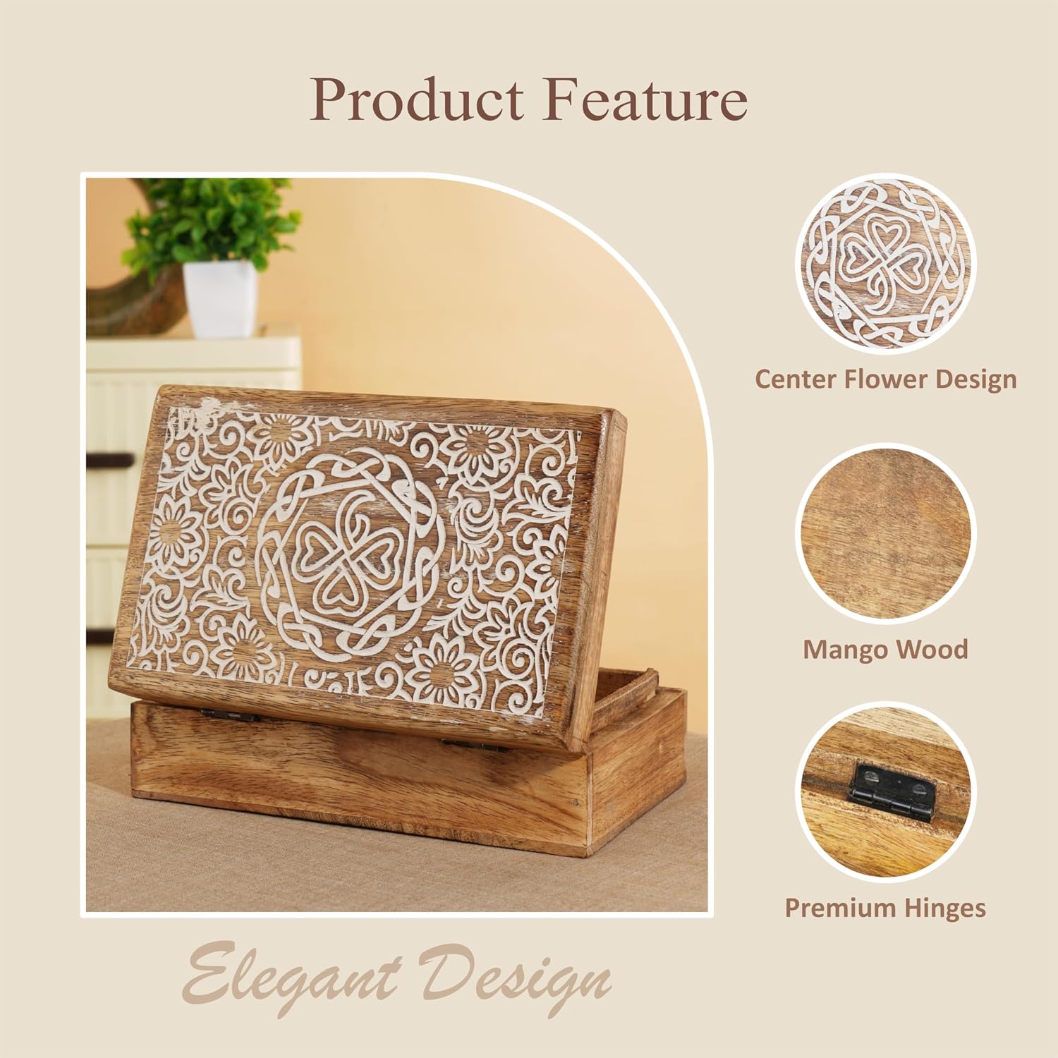 Mango Wood Jewelry Box / Center Flower Des