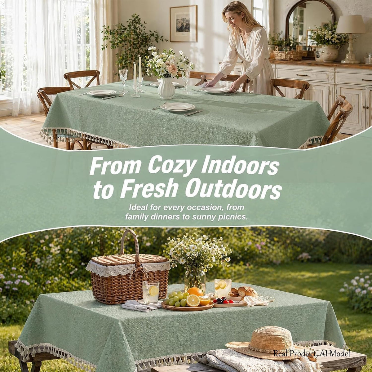 Sage Green Tablecloth for Rectangle Tables - 55x86 Inch Linen Textured Farmhouse Waffle Weave Table Cloth with Tassel