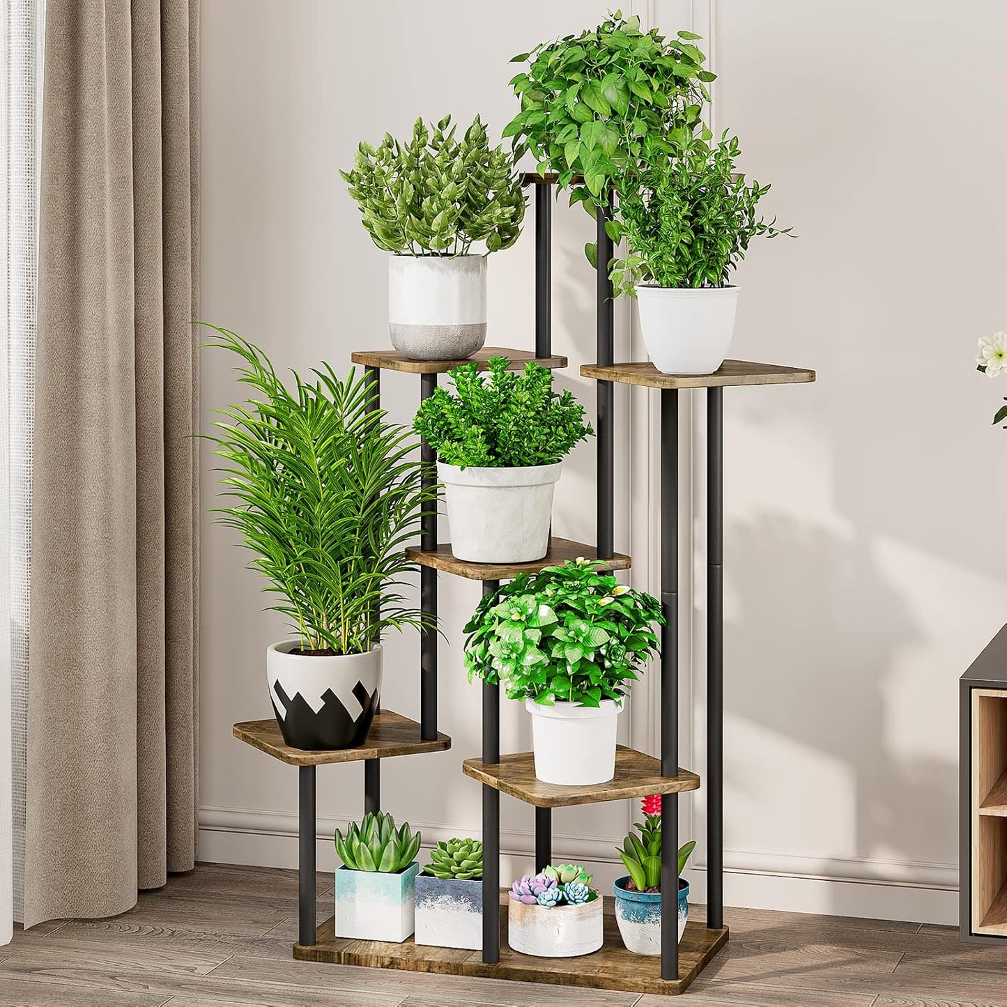 7 Tier Tall Plant Stand Indoor Corner Tiered Shelf Metal MDF Board | Sturdy Metal Frame,Space-saving Tiered Design