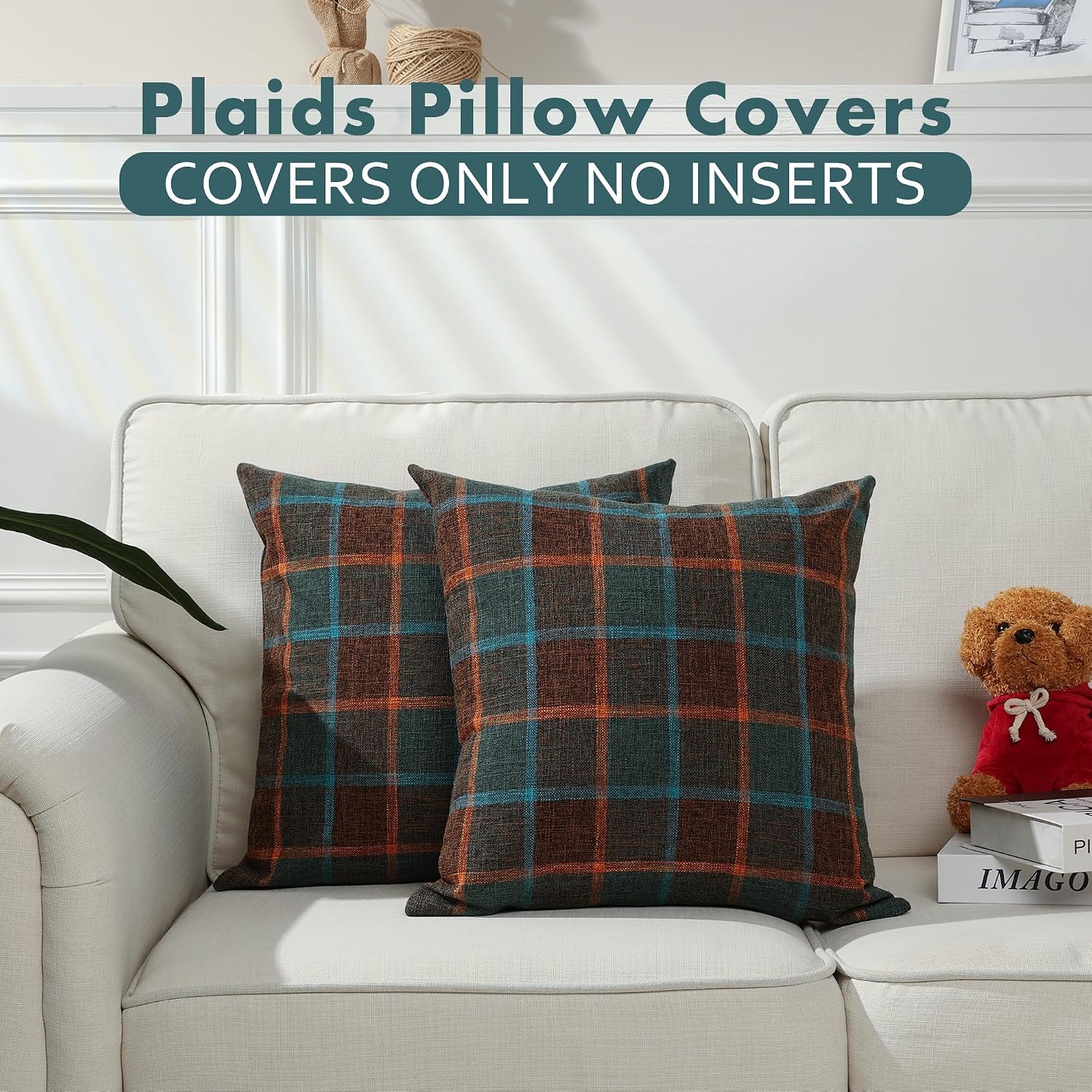 Farmhouse Plaid Decorative Cushion Covers / 18 x 18 / Check-blue Orange / Set of 2