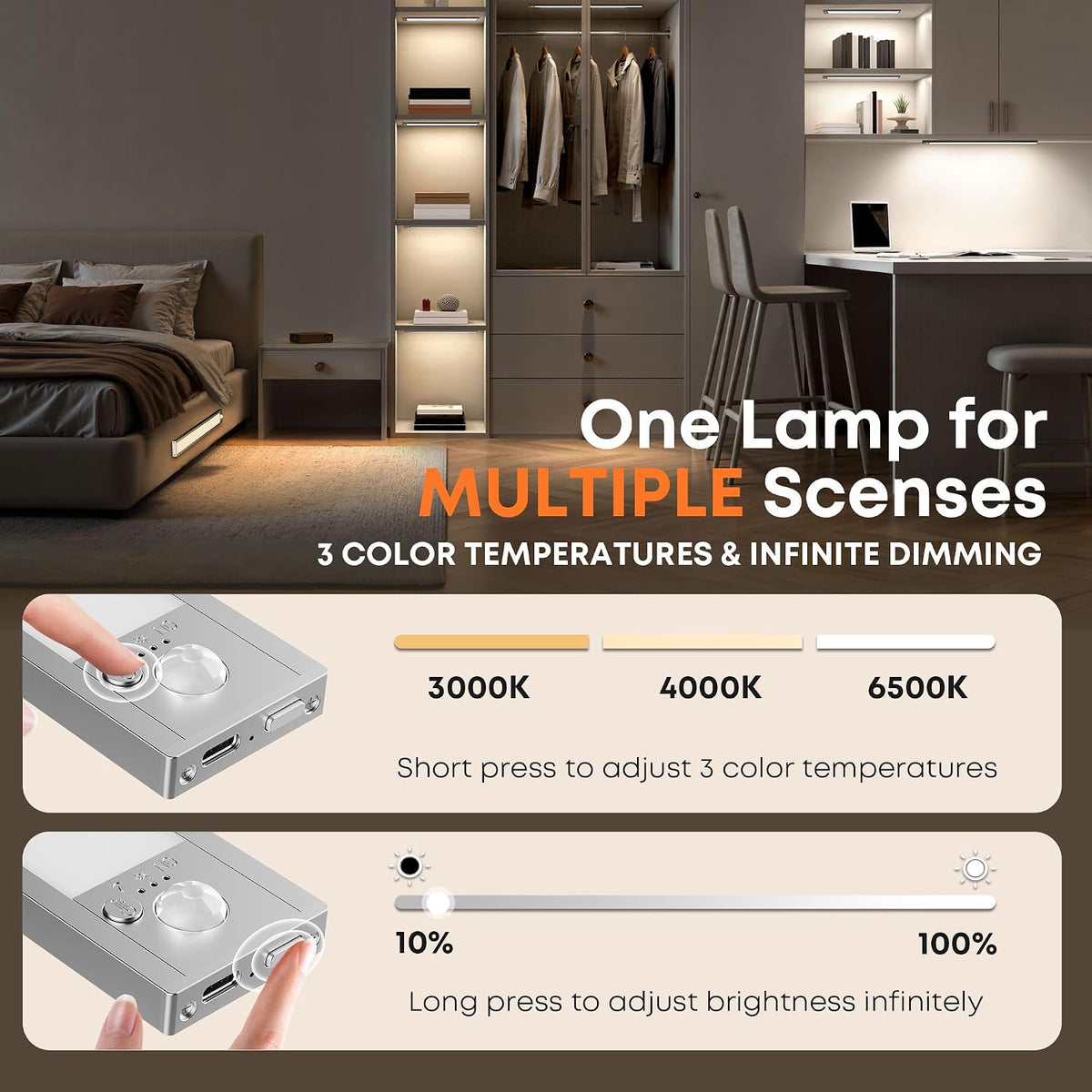 LROLTEF Under Cabinet Lights Wireless, 2 Pack 15.7 inch 1500mAh 3000K 4000K 6500K 3 Color Temps Dimmable Motion Sensor
