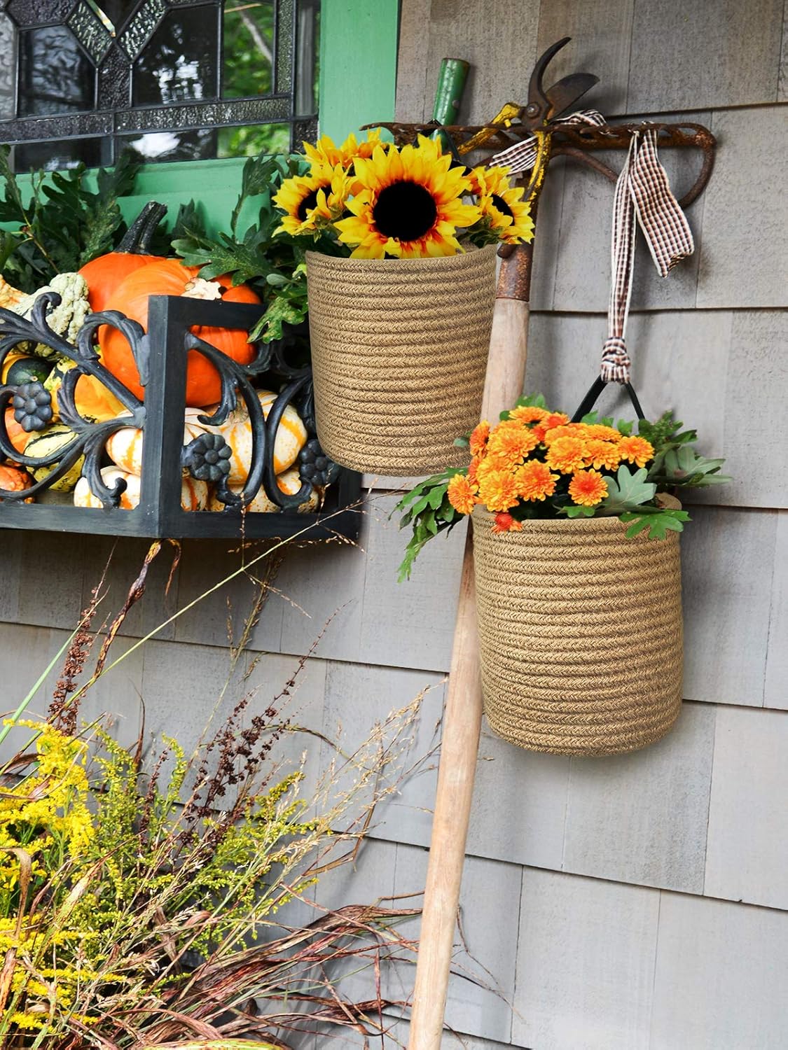 Small Woven Fern Hanging Rope Basket Flower Plants Wall Basket Decor Set Boho / Jute / Set of 2