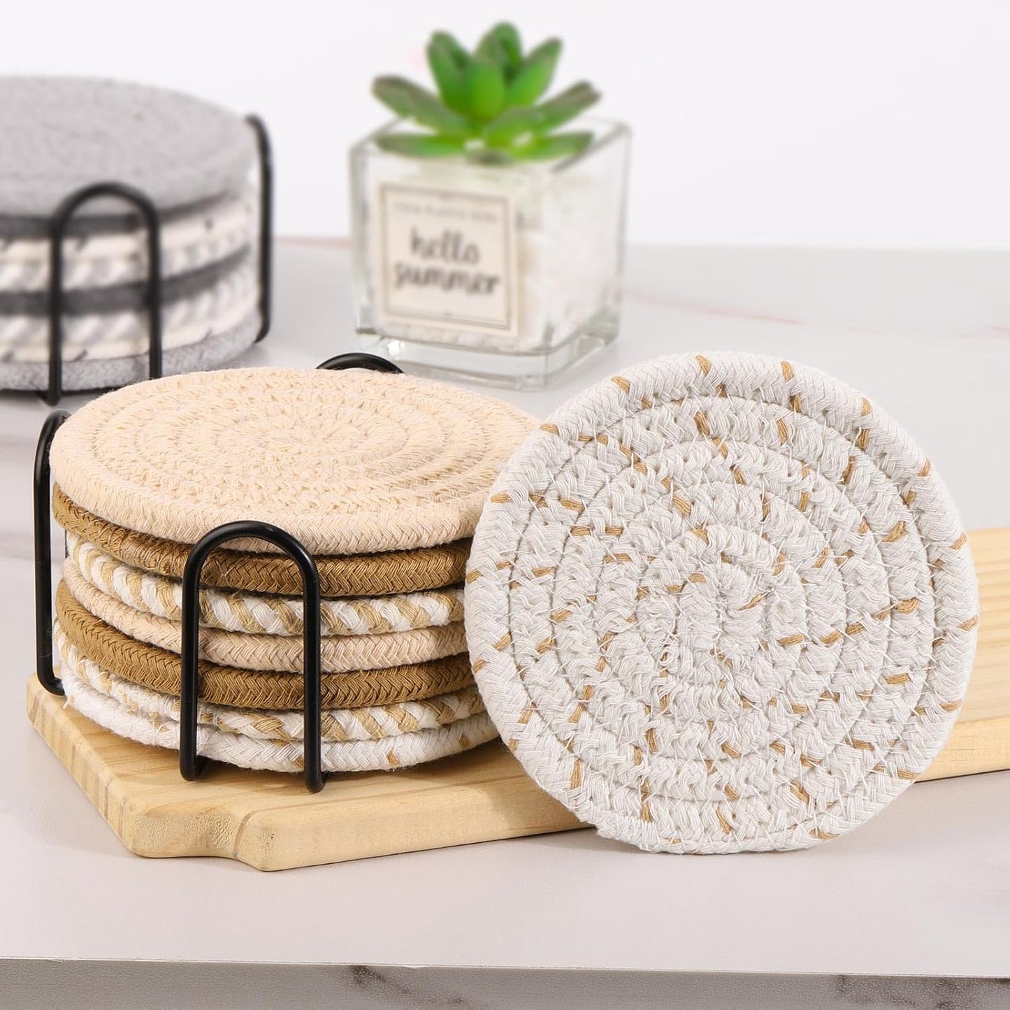 Holder / 8 Colors Absorbent Coasters Minimalist Cotton Woven Coaster / Set of 16