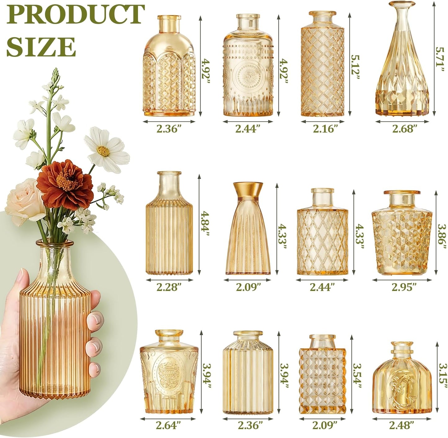 Small Vintage Glass Clear Bud Flower Vases Bulk Multiple Shape Mini Glass Bottles / Gold / Set of 12