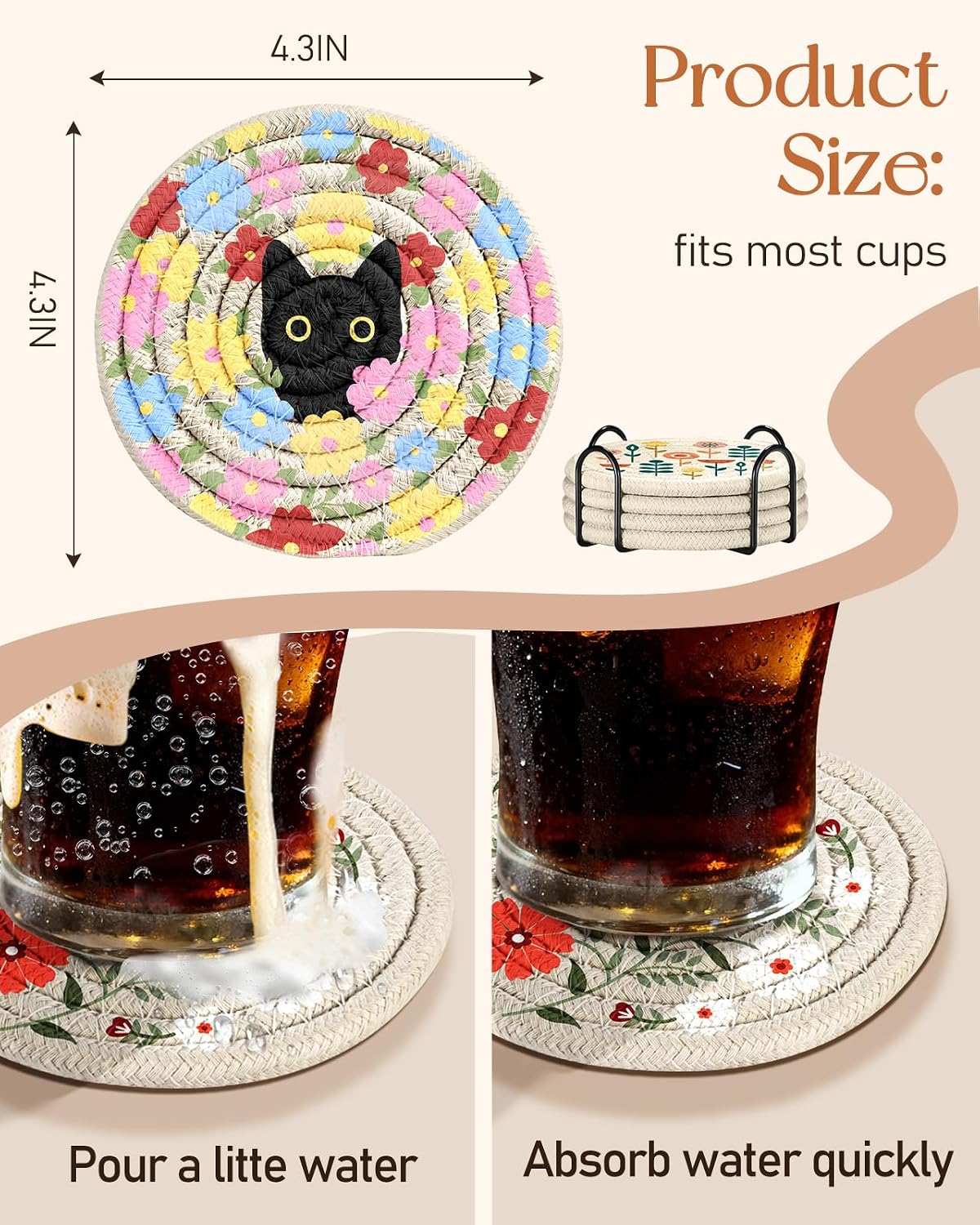 Absorbent Cup Coasters for Drinks Coffee Table Office Home Desk Decor / Cat Flowers Bird / Set of 4