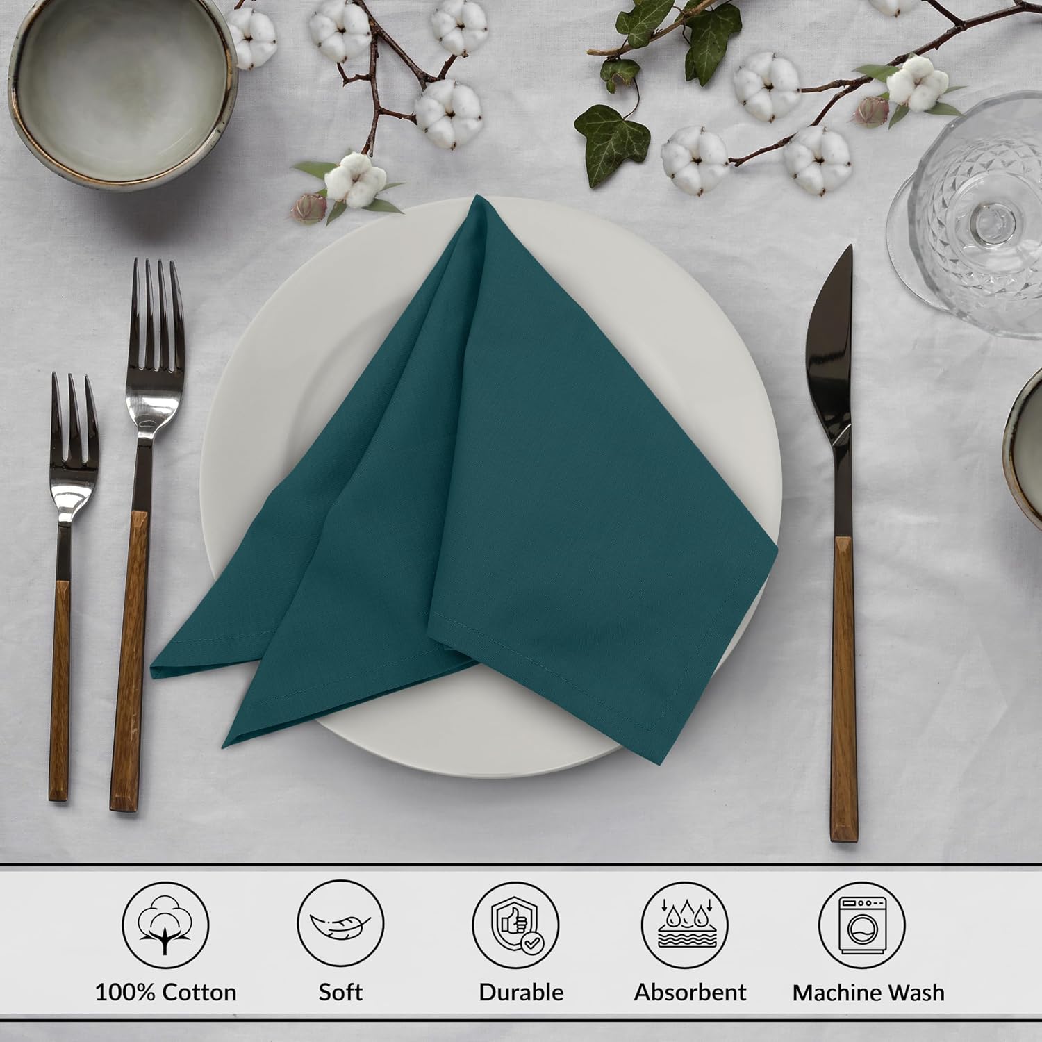 Ruvanti Cloth Napkins Set of 12, 100% Cotton 18”x18” - Deep Teal | Washable, Soft, Durable & Absorbent Everyday