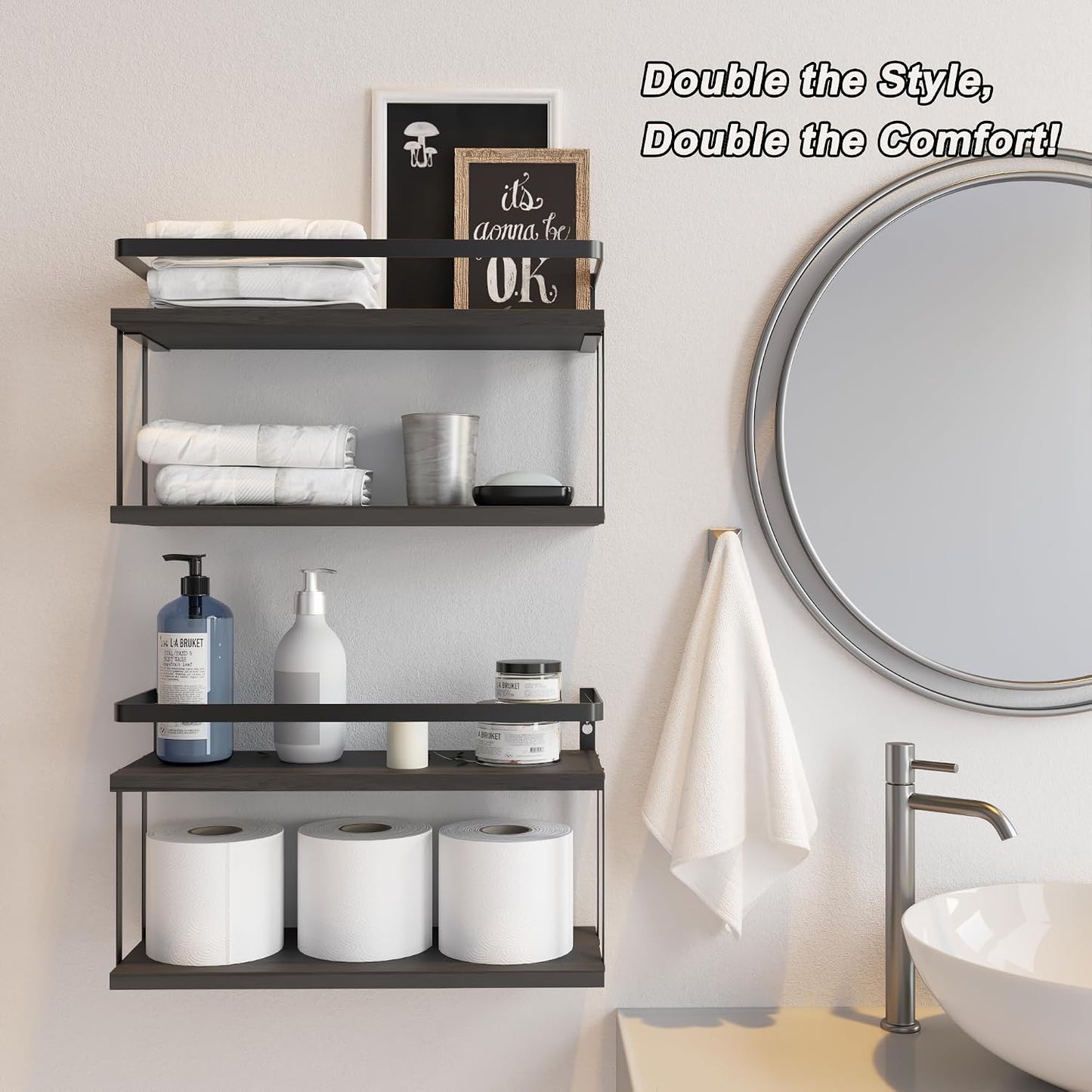 RICHER HOUSE Floating Shelves Bathroom, Wall Mounted Shelf Over Toilet | Dual-Level, with Metal Guard-Rail, Organizers