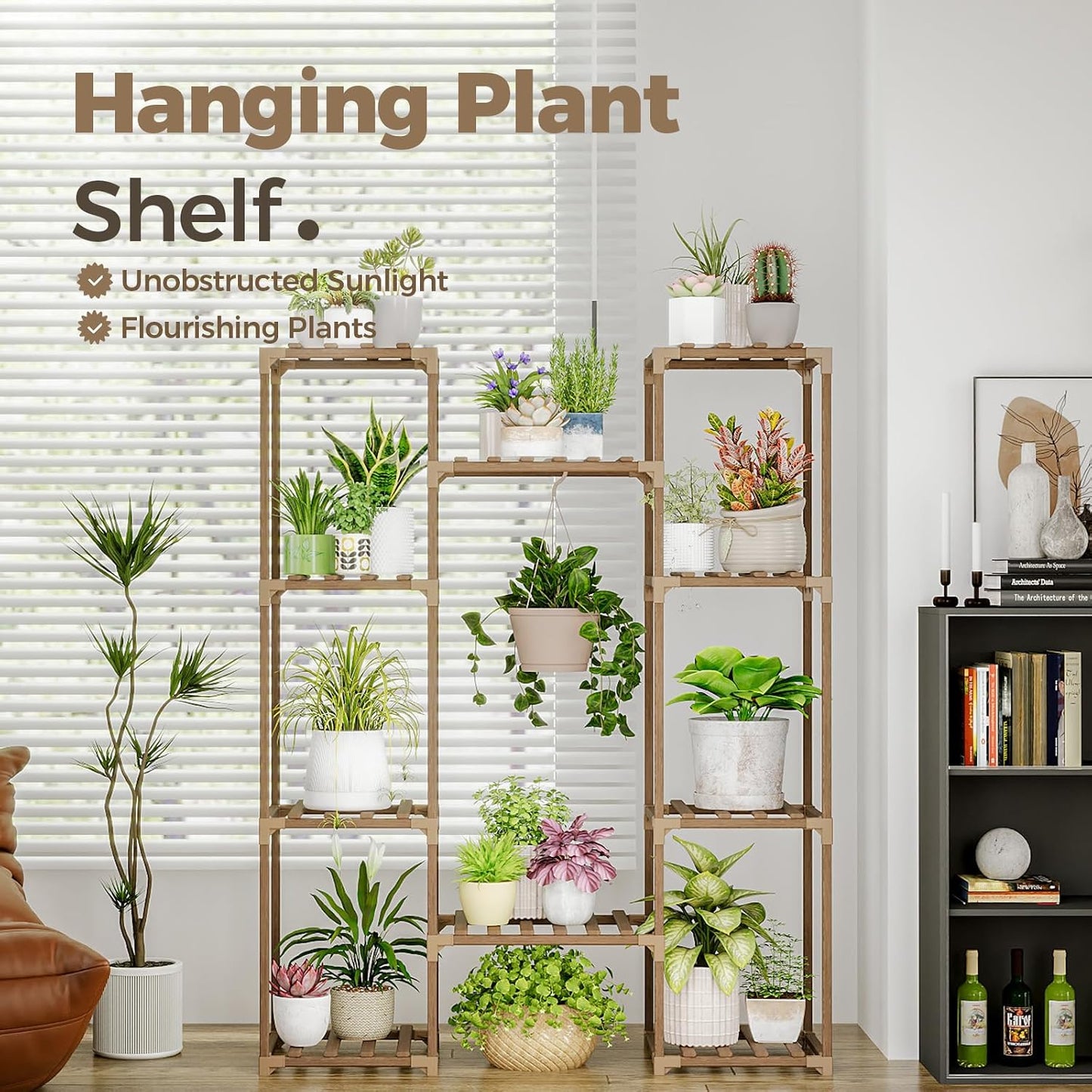 Bamworld Plant Stand Indoor Outdoor Hanging Shelf for Multiple Plants Tall Large Holder for Living Room Patio Balcony