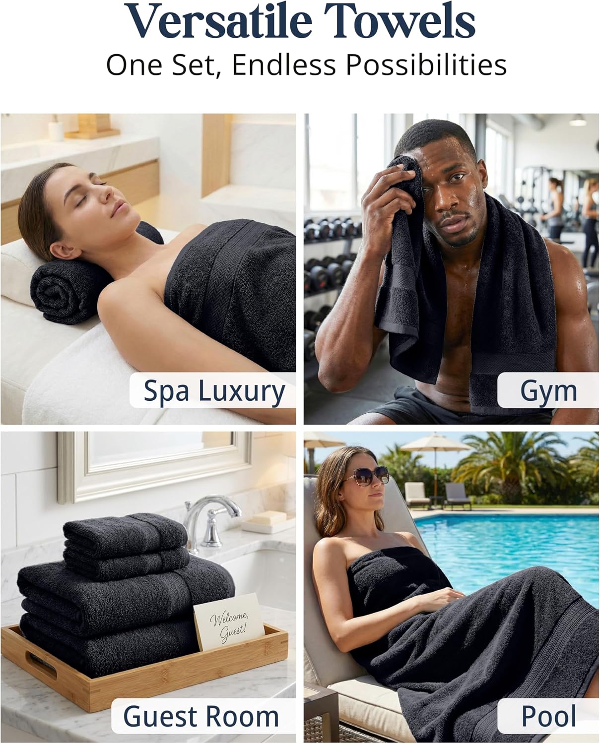 LANE LINEN Bath Towel Set Quick Dry 100% Cotton 16 Piece Soft - Black | Cotton Bath Towels - Classic Terry Weave