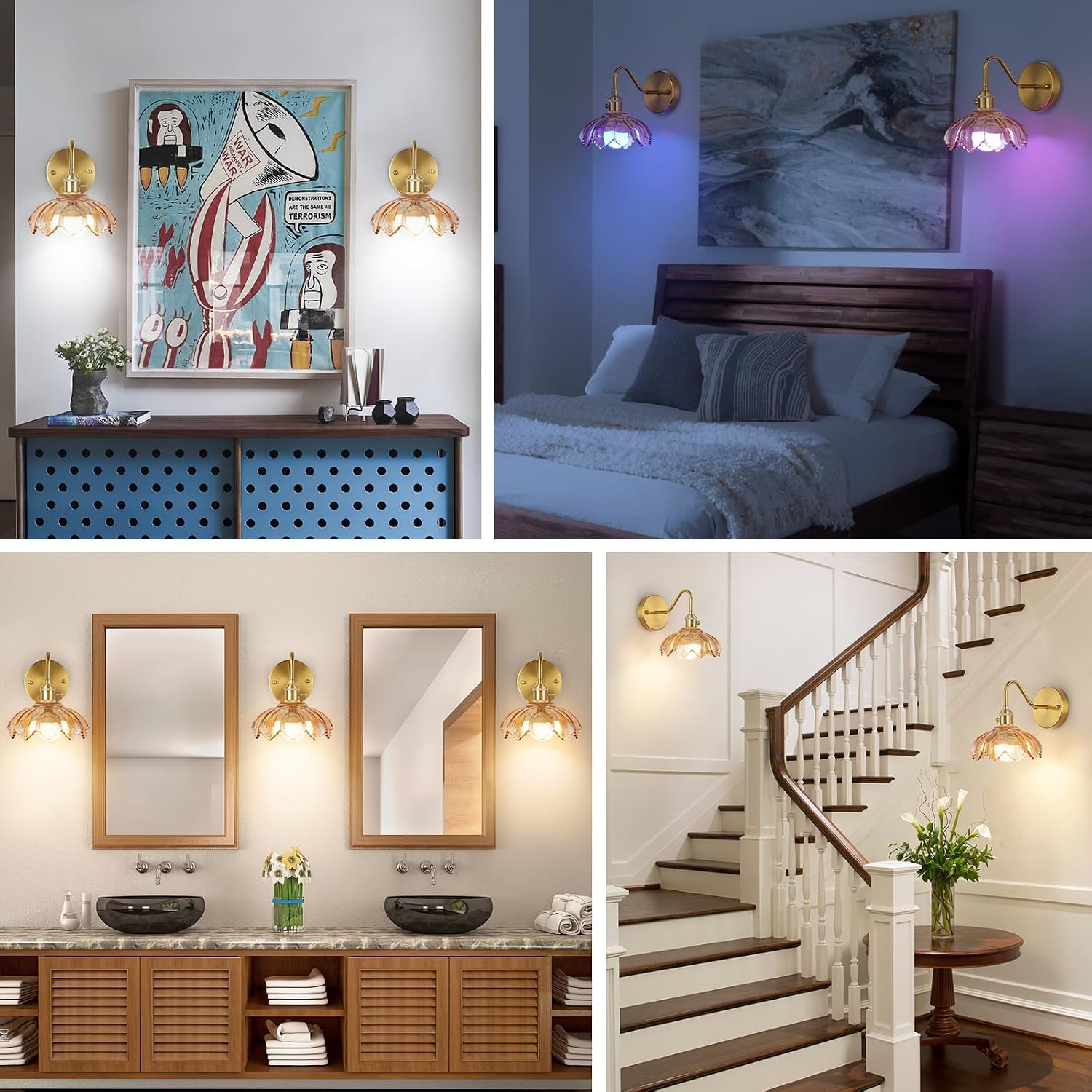 Vintage Glass Sconces, Battery Operated Wall Light with Remote, Rechargeable Wall Sconces RGB, No Socket Required, Easy