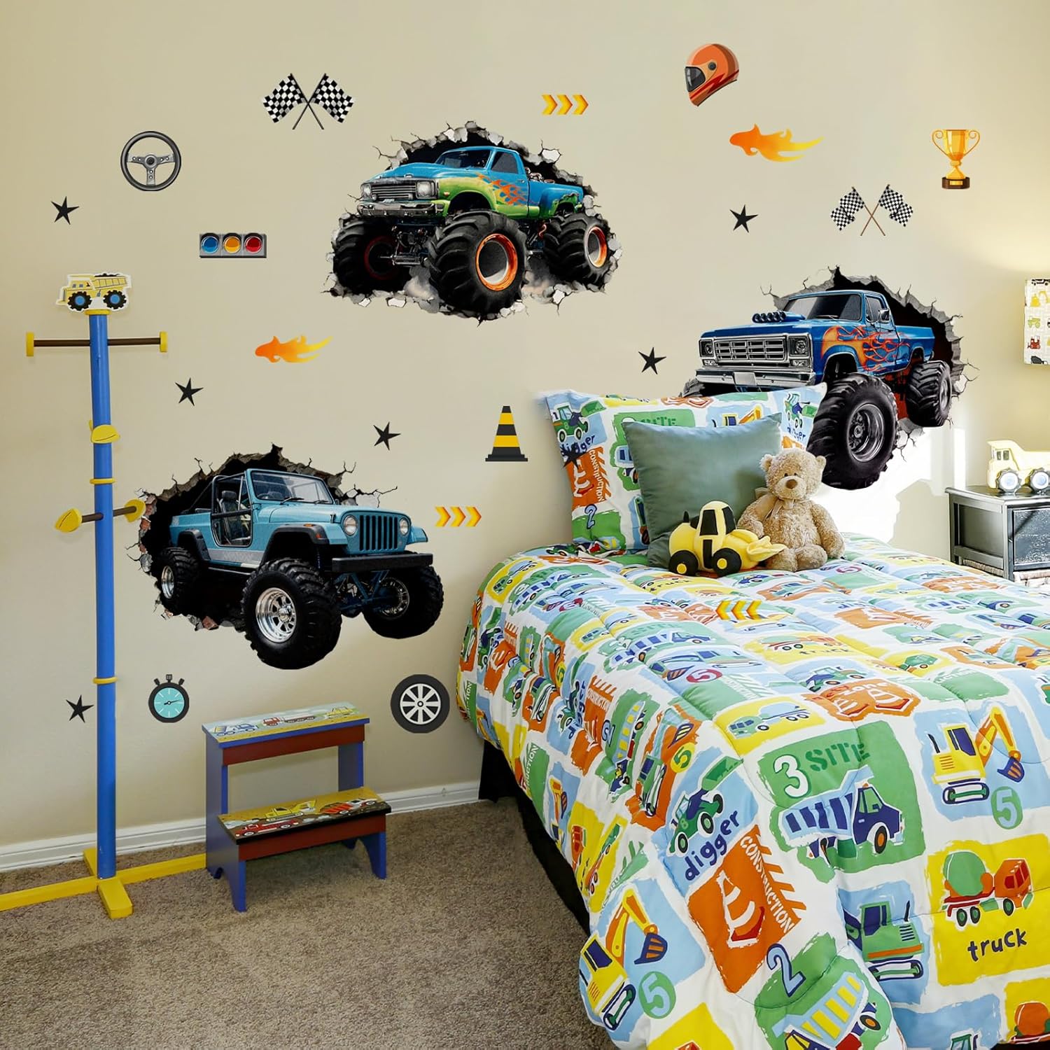 3D Wall Decals 3 Sheets Removable Car Wall Stickers Boys Bedroom Playroom Kids Room / Racing Car