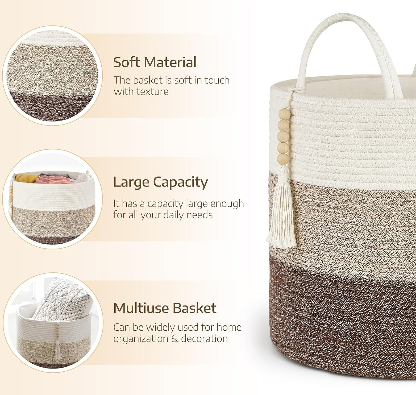 Woven Storage Basket Decorative Natural Rope Basket Wooden Bead / Gradient Brown / 16" W x 13.8"L