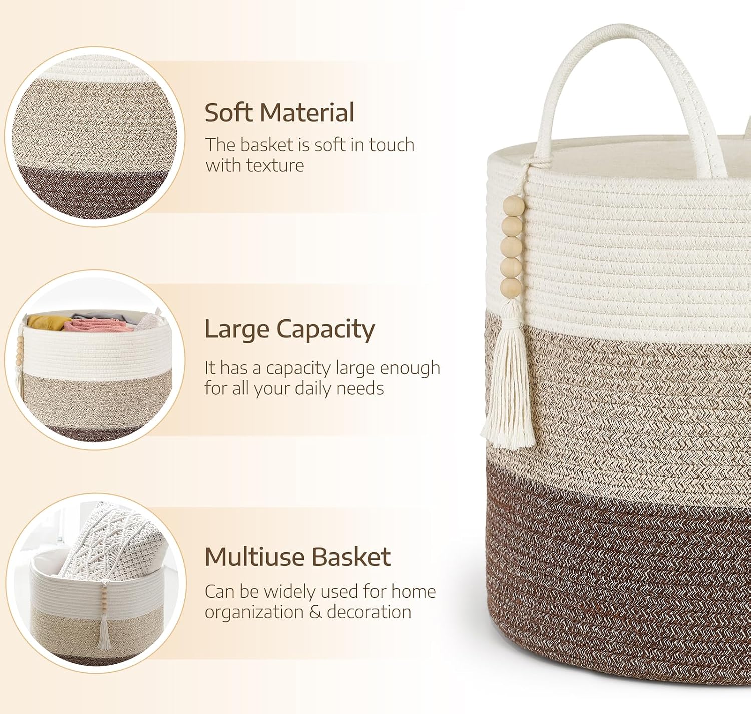 Woven Storage Basket Decorative Natural Rope Basket Wooden Bead / Gradient Brown / 16" W x 13.8"L