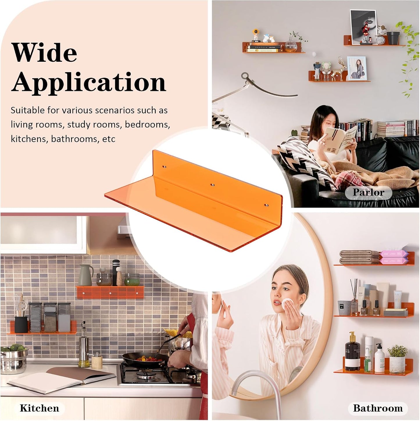 Sezanrpt 15 Inches Orange Acrylic Wall Shelves 2 Pack, L Shape Floating Shelf, Perspex Wall Mounted Shelves for Home