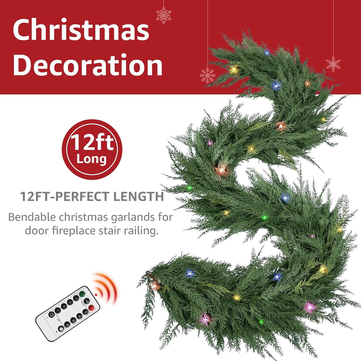 Christmas Cedar Garland Realistic with Lights - Cypress Decorations 12ft for Mantle Lighted Faux Pine Garlands for Xmas