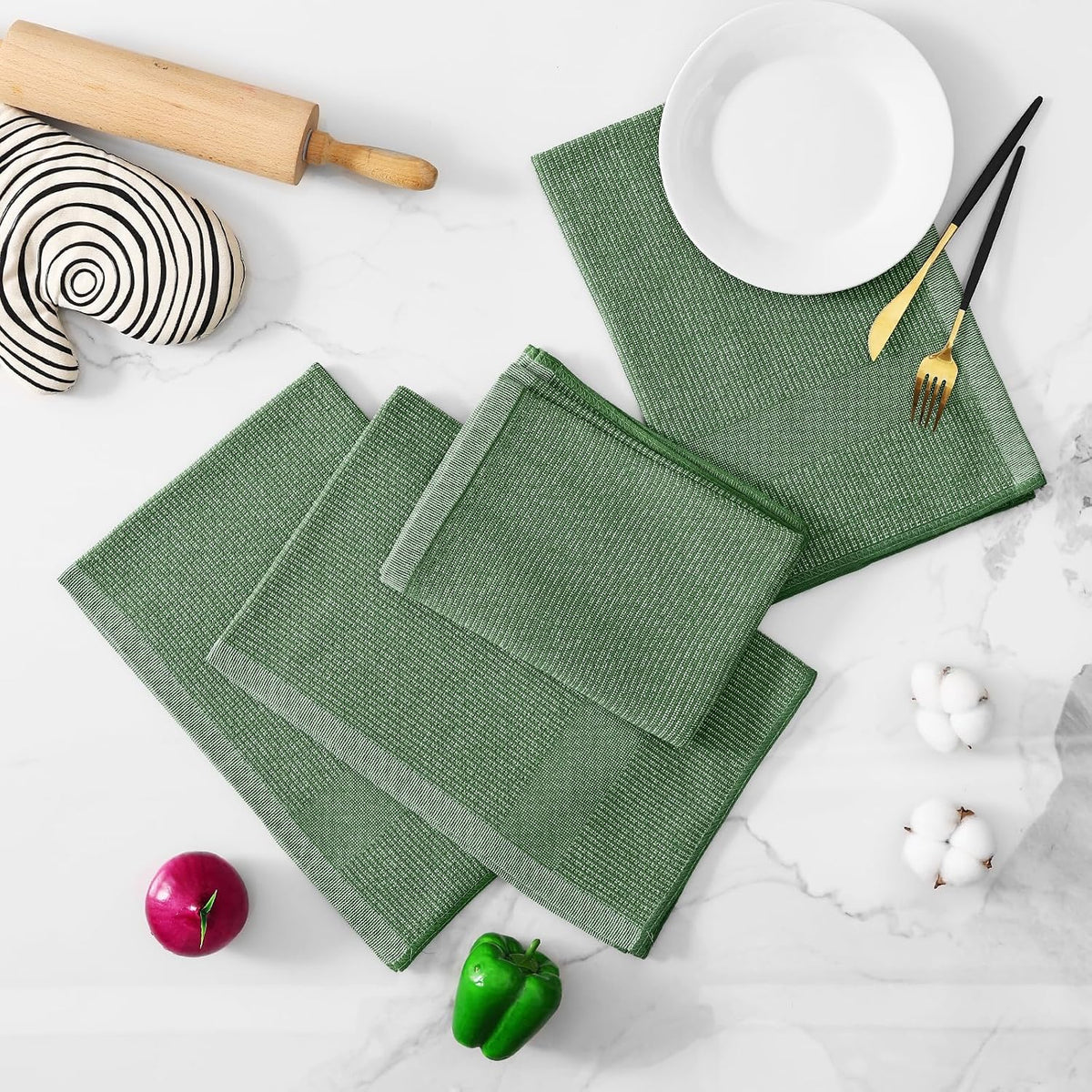 Homaxy 380 GSM Cotton Premium Kitchen Towels 8 Pack, 18"x 28", Grass Green | Flat and Terry Dish Towels, Highly