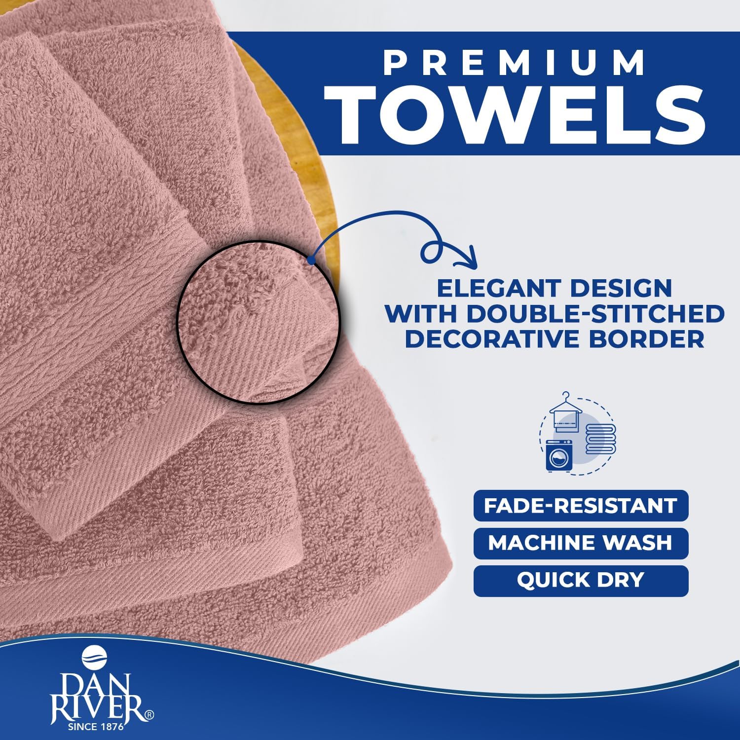 DAN RIVER 8 Piece Luxury Bath Towels for Bathroom, Towel Set, Dusty Rose | 2 Bath towels, 2 Hand towels, and 4 Wash