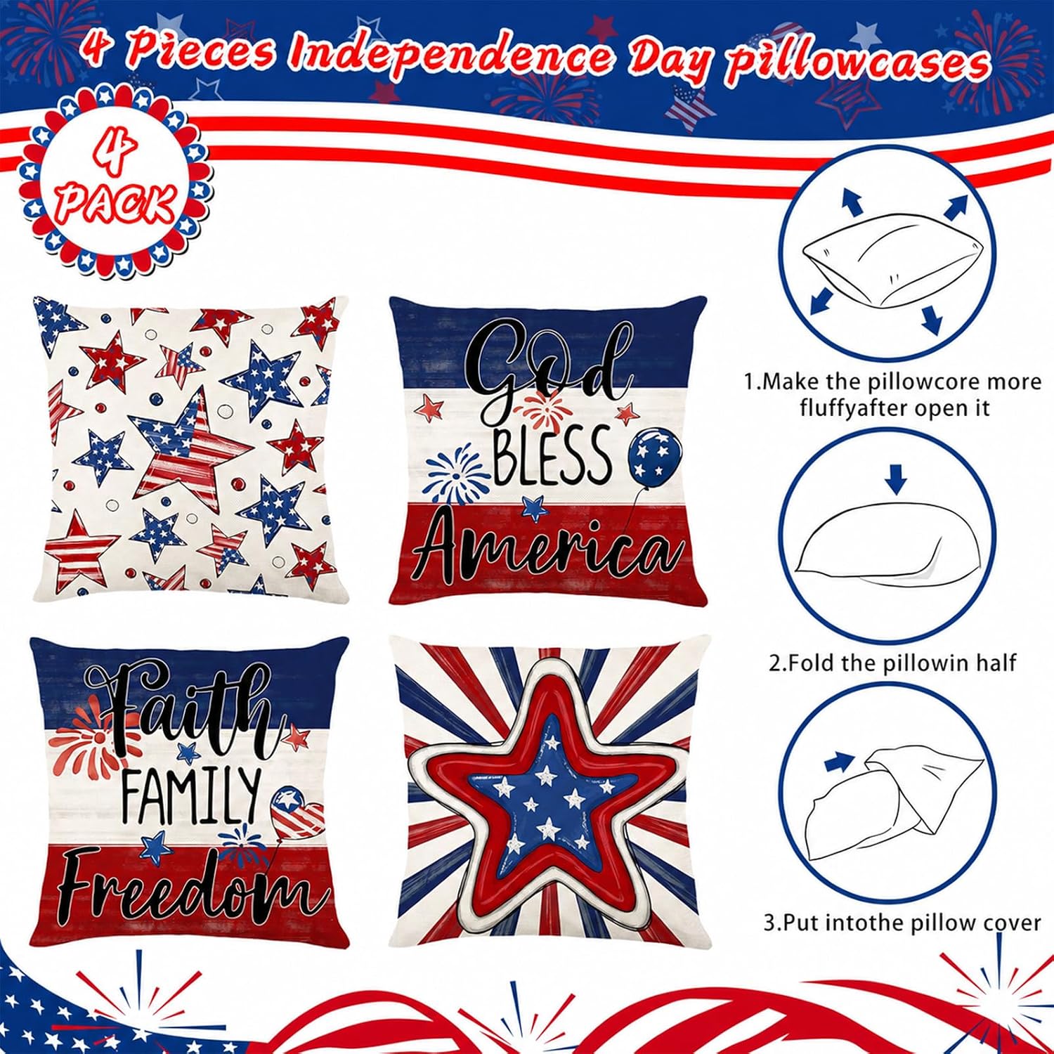 Patriotic Pillow Covers / Red White Blue 2 / 18 x 18 / Set of 4
