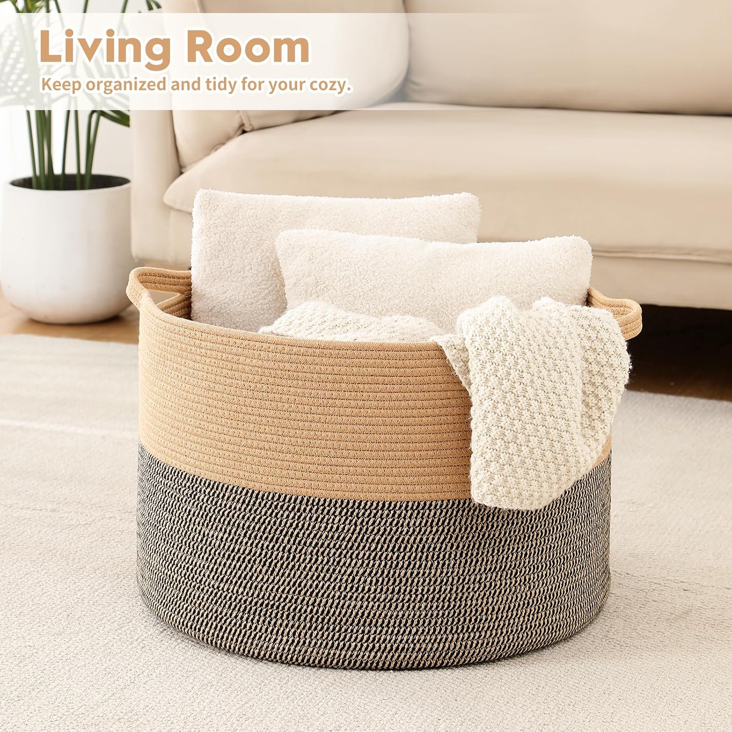 Collapsible Handle Cotton Rope Soft Woven Fabric Storage Organizer Clothes / Camel & Mix Camel / 65L