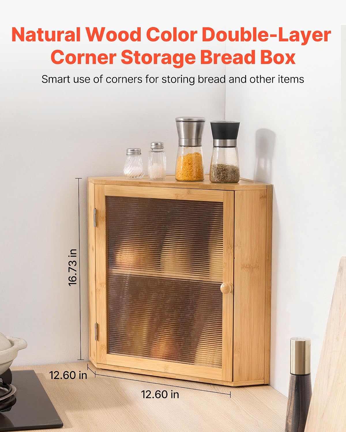 VEVOR Corner Bread Box for Kitchen Counter, Double Layer Large Capacity Bamboo Bread Storage Container, Farmhouse