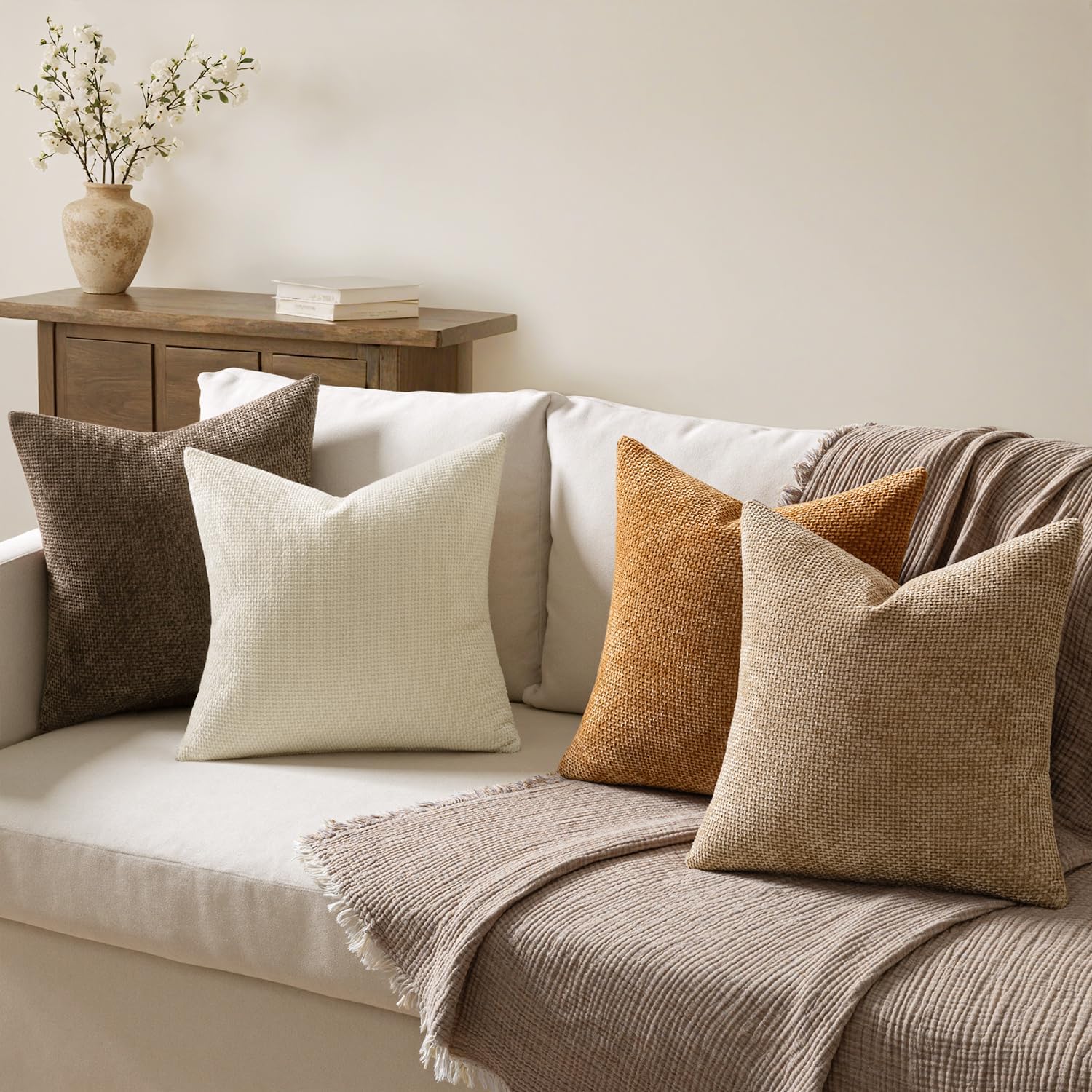 Couch Throw Pillow Covers Soft Decorative Chenille Pillows Farmhouse / 18 x 18 / Brown / Set of 4