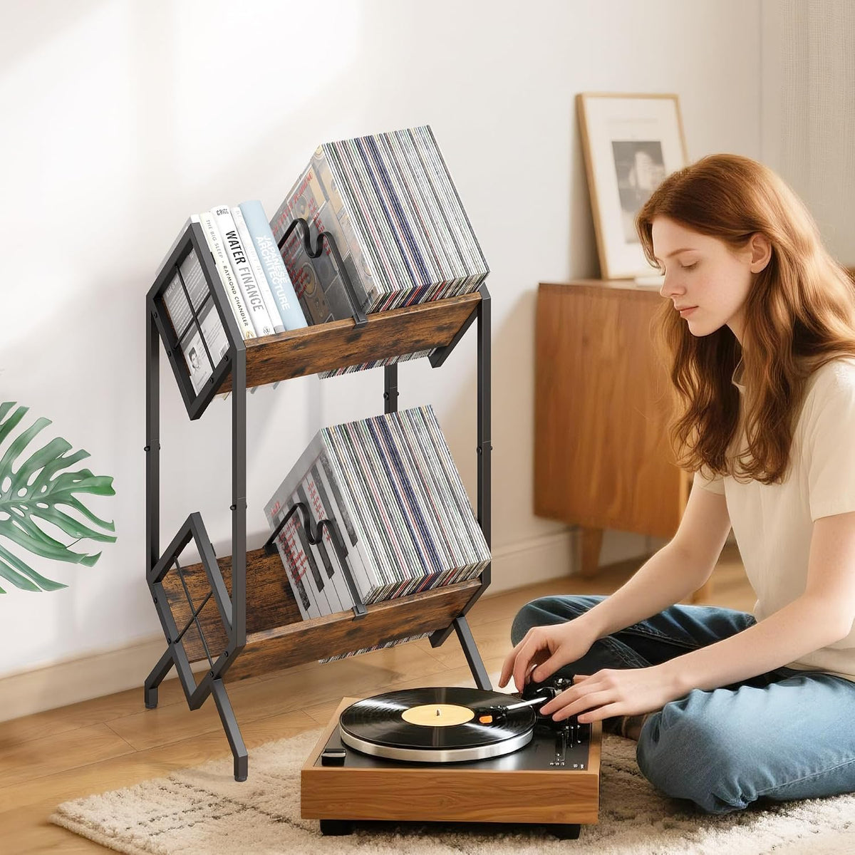 RUILALIFE 2-Tier-Vinyl-Record-Storage-Holder With Dividers, Metal Album storage for vinyl records display Shelf