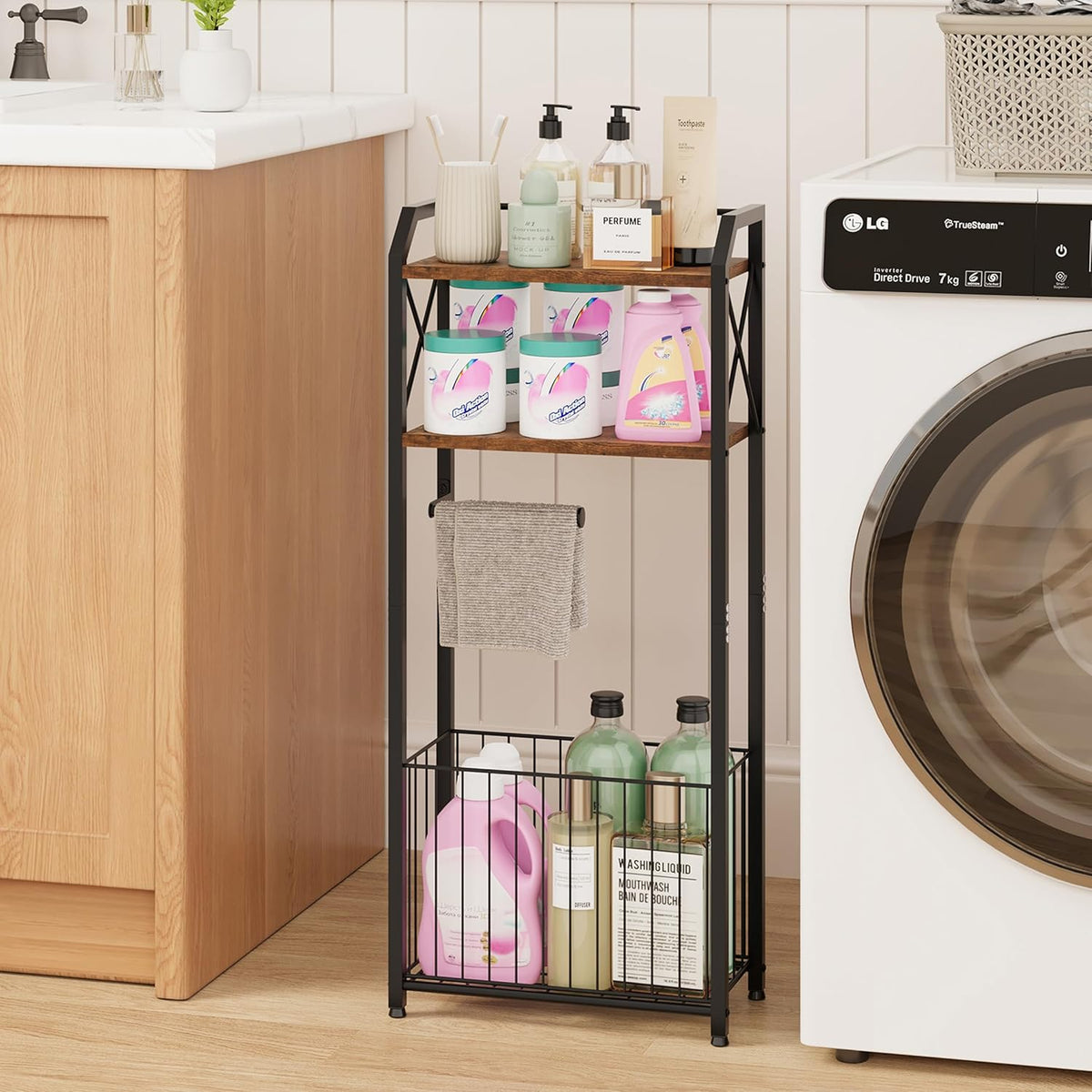 HapiRm Freestanding Toilet Paper Holder - 4-Tier Bathroom Tissue Organizer with Wood Shelves and Large Basket, Toilet