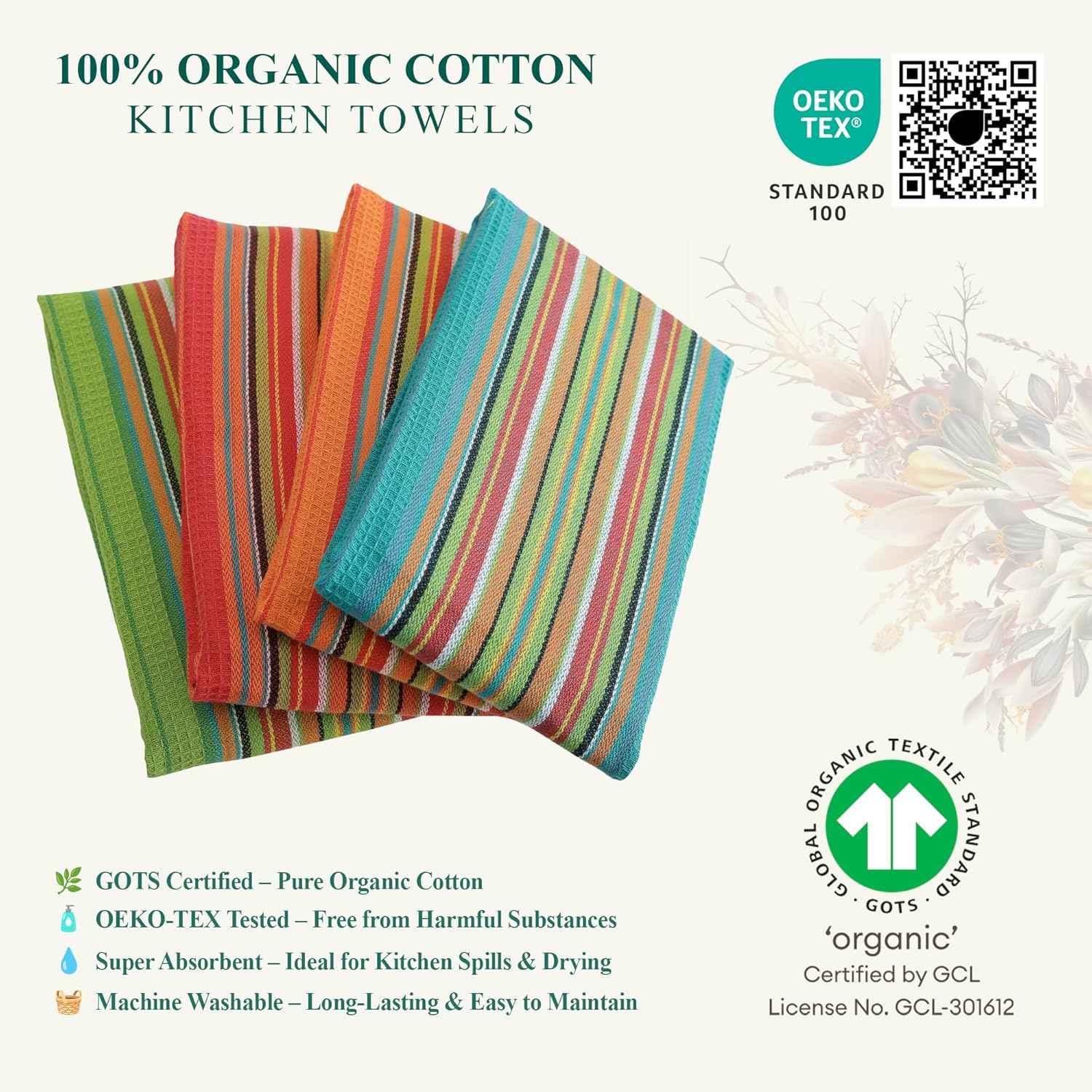 Salsa Stripe Kitchen Dish Towels, 100% Cotton, Highly Absorbent, Multi Purpose Waffle Tea Towels for Cooking, Drying &