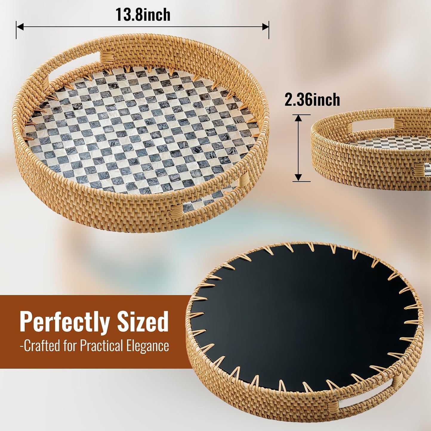 in Round Rattan Serving Tray / Black / 13.8 Inch