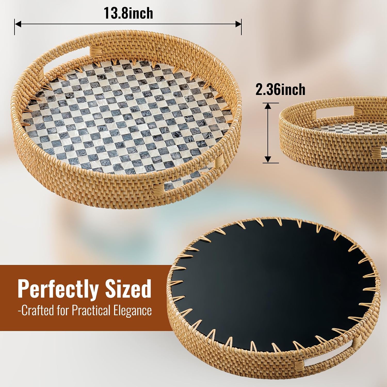in Round Rattan Serving Tray / Black / 13.8 Inch