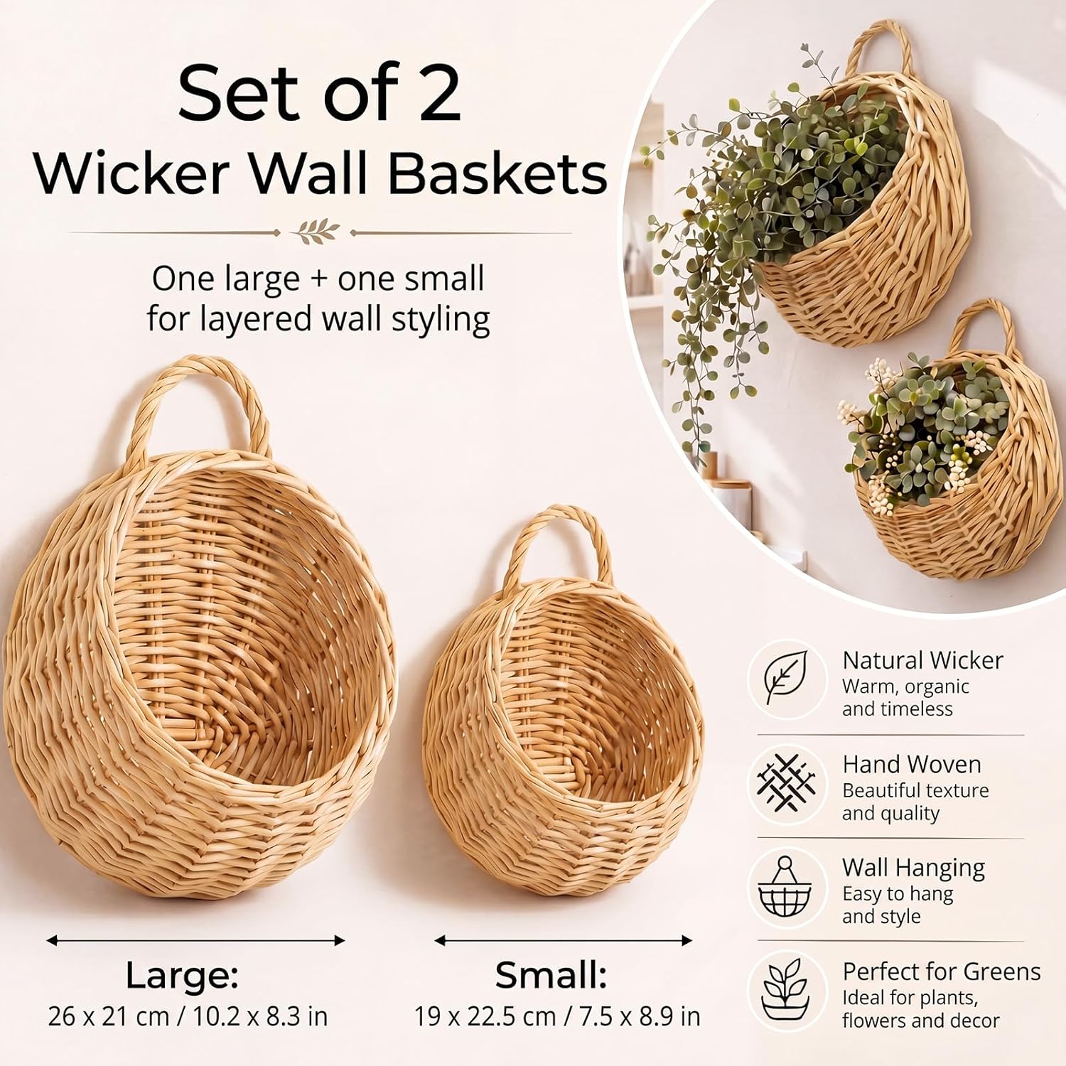 Wicker Hanging Basket 14" and 8" Handmade Woven Wall Hanging Basket for Plant Decorative / Set of 2