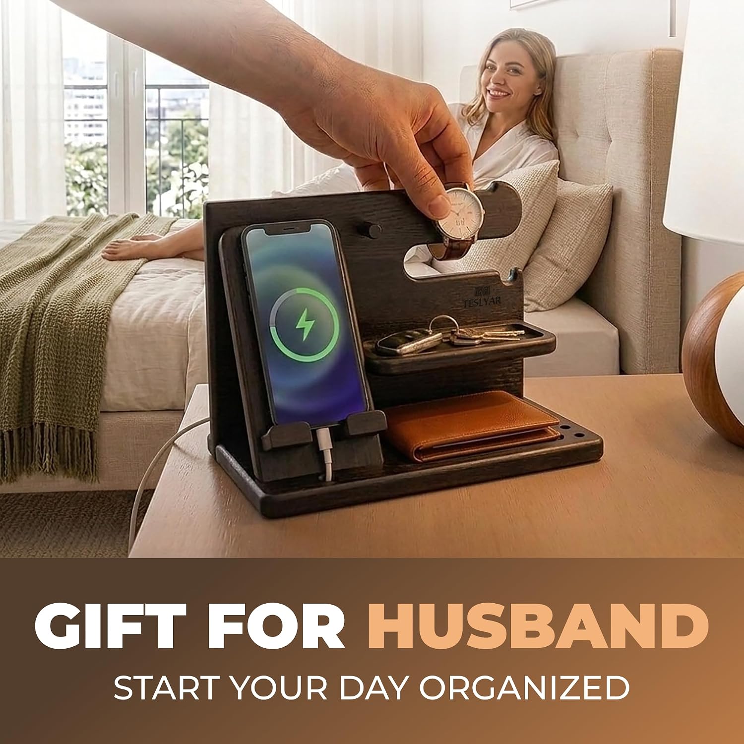 TESLYAR Wood Phone Docking Station for Men - Desk or Nightstand Organizer - Birthday Gifts for Husband, Dad