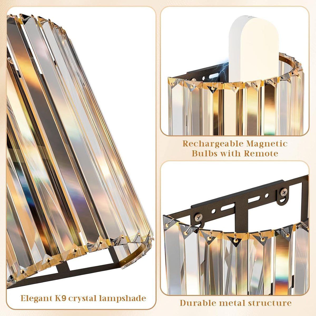 Black and Gold Battery Operated Wall Sconces Set of 2, Crystal Wireless Wall Lights with Remote, Rechargeable Cordless