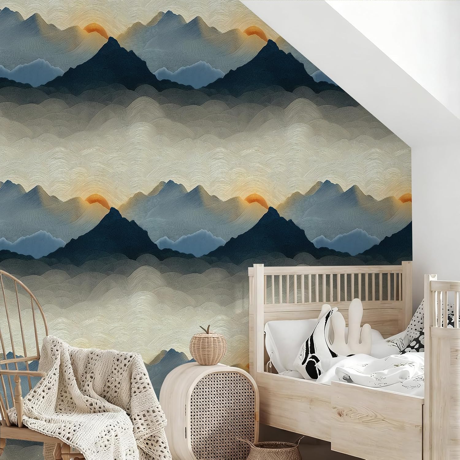 Peel and Stick Sun Art Wallpaper Nature Warm Woody Removable / 17.7 x 236.2 / Blue/white/red