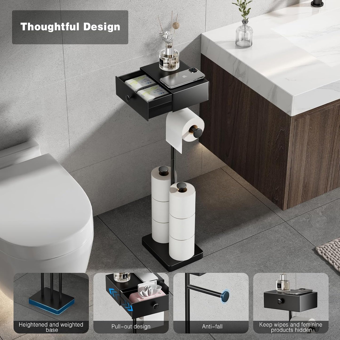 VOLDRA Toilet Paper Holder Stand with Shelf, Free Standing Black Toilet Paper Roll Holder with Wipes Storage Drawer