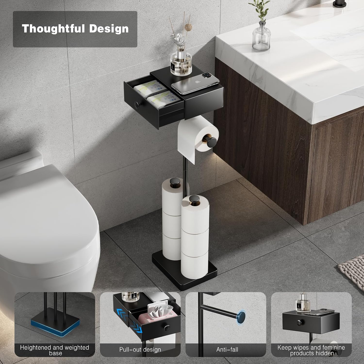 VOLDRA Toilet Paper Holder Stand with Shelf, Free Standing Black Toilet Paper Roll Holder with Wipes Storage Drawer