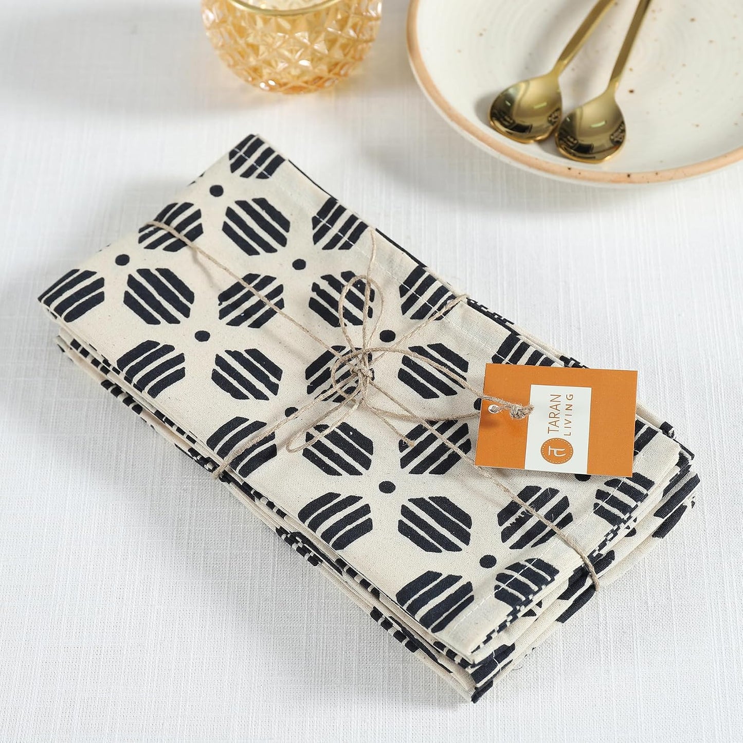 Taran Geometric Beige Print Cotton Dinner Napkins Set of 12 | 18x18 Inches | 100% Natural, Reusable Linens for Dinner