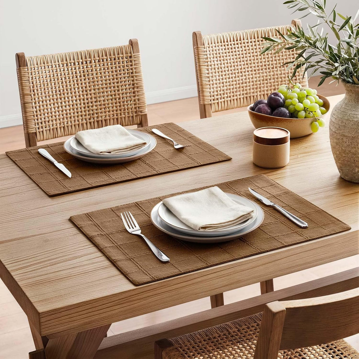 Linen Checked Farmhouse Placemats Set of 6, Roasted Brown 13x19in | Double Layer, Reversible, Thick Textured Table
