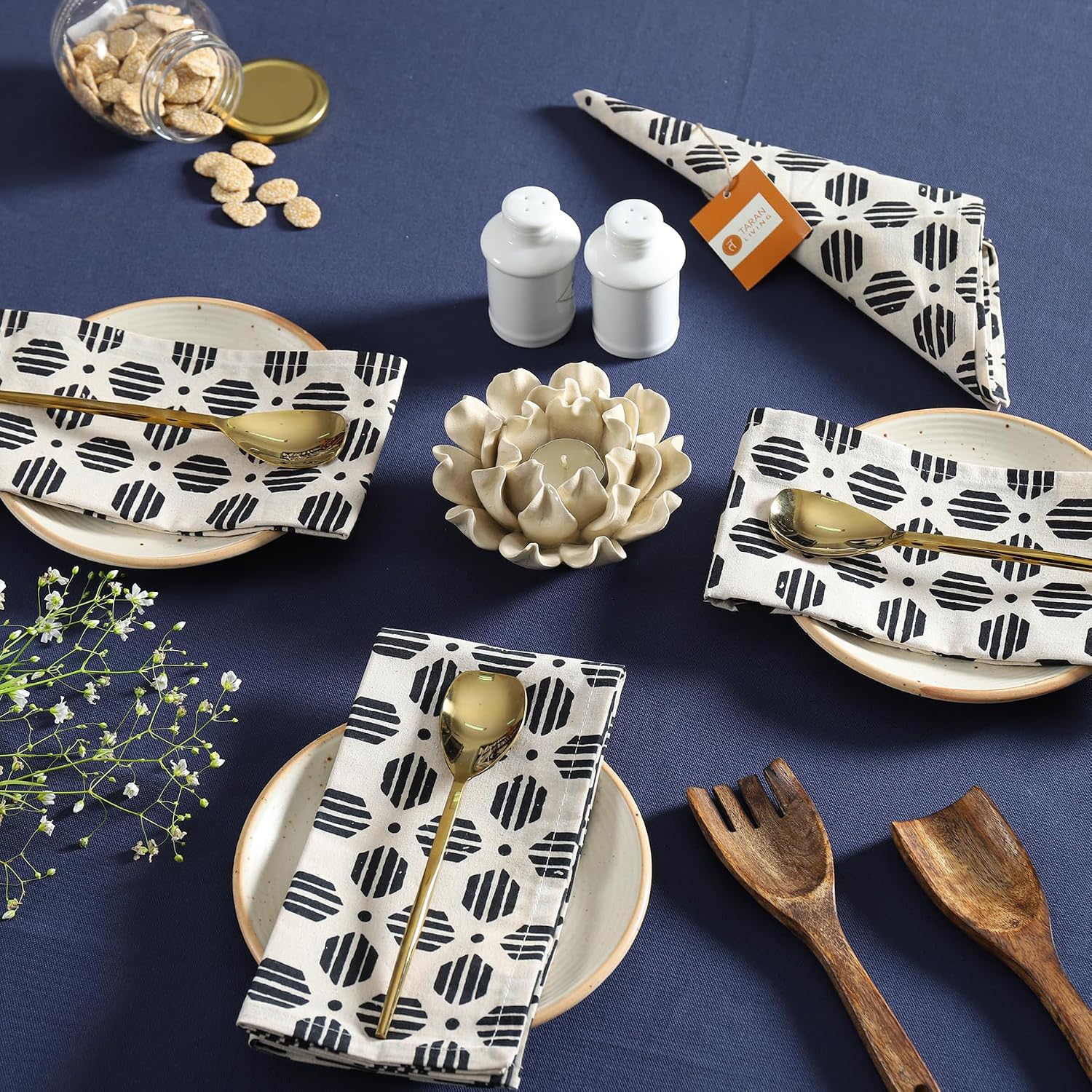 Taran Geometric Beige Print Cotton Dinner Napkins Set of 12 | 18x18 Inches | 100% Natural, Reusable Linens for Dinner