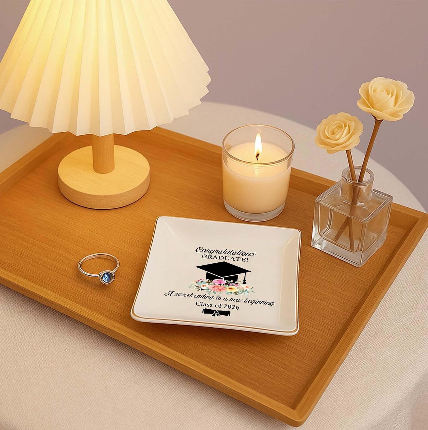 Cap & Flowers Graduate 4" Ceramic Jewelry Dish / Graduation